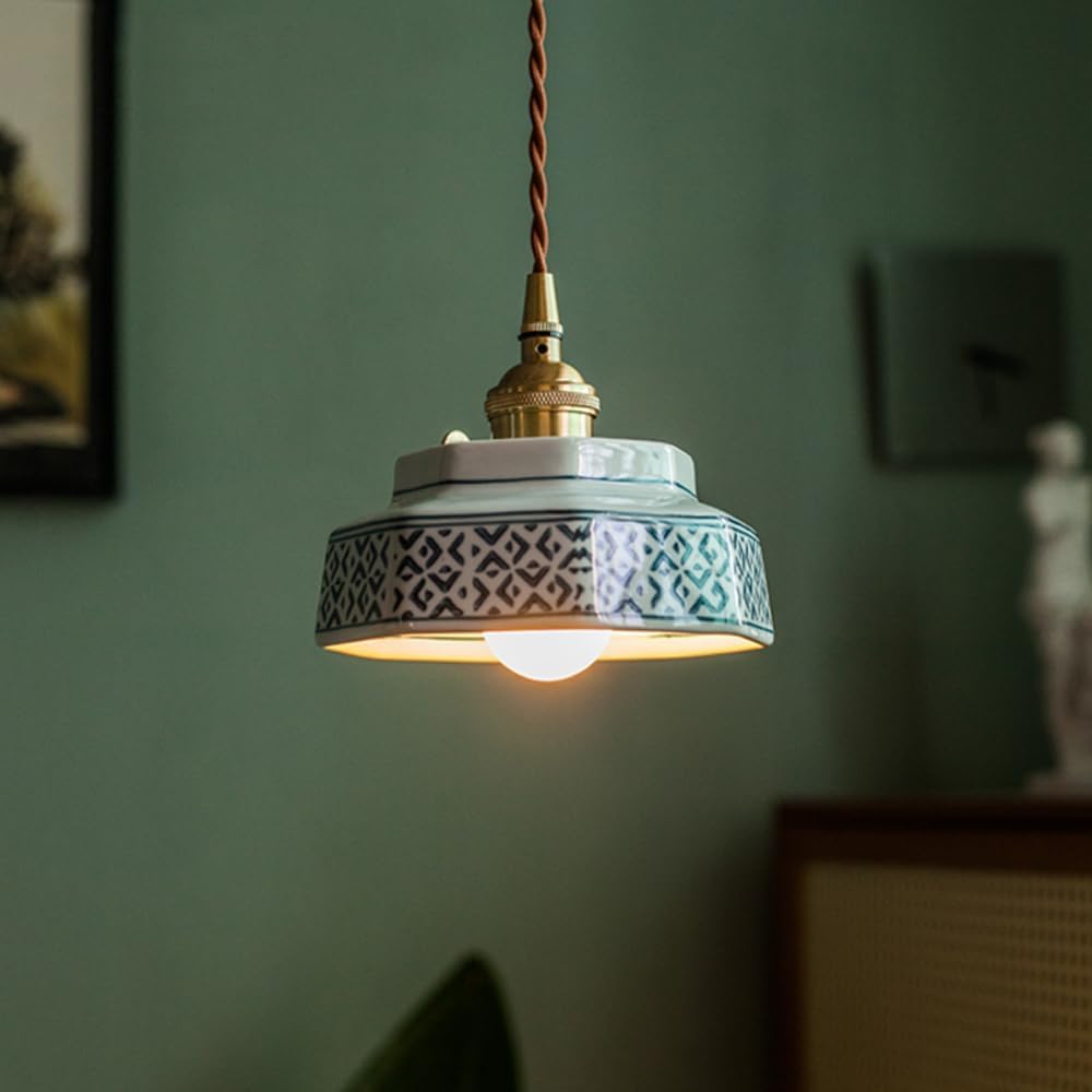 Small Pendant Light Green Glass Blue and White Porcelain Pendant Light Fixture Red Ceramic Hanging Lamp Nordic Modern Chandelier for Dining Room Bedroom Kitchen Island Farmhouse Cafe