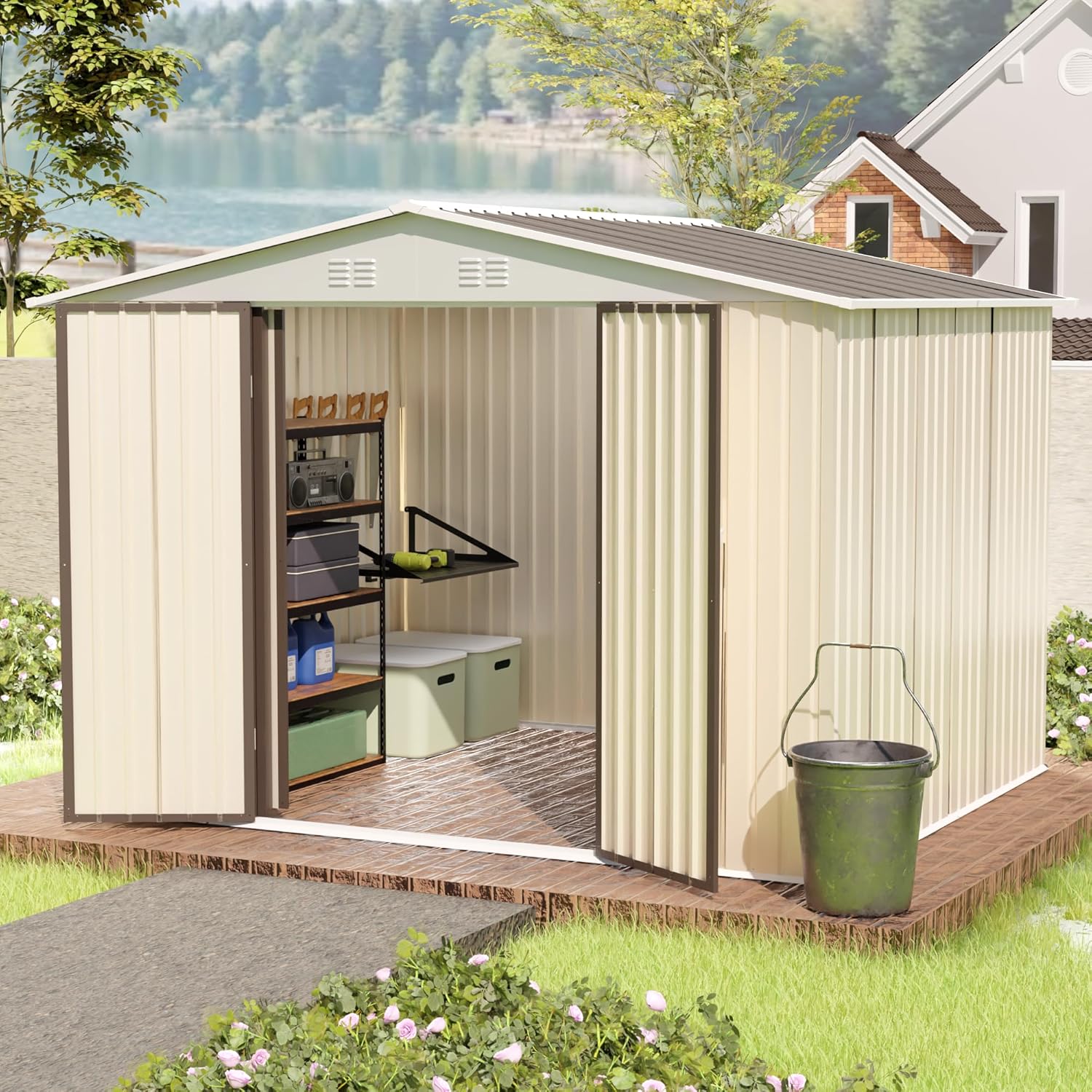 Outdoor Storage Shed Aluminum Alloy Frame with Hinge Door and Foundation - Waterproof Metal Garden Tool Bike Sheds Kit, Lean-to Shed, Backyard Storage Building Cabinet for House,10x8 Feet White 2