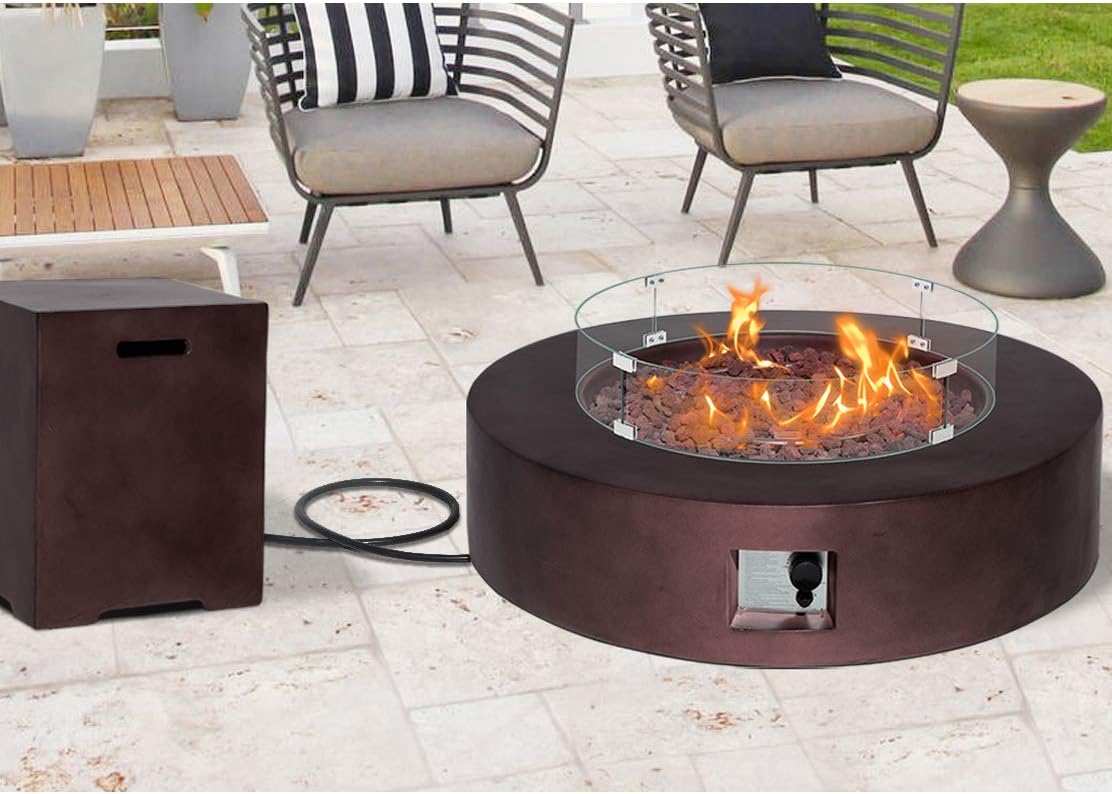 SUNBURY Outdoor Propane Fire Pit,Dark Brown Patio Fire Table 50000 BTU w 20 Gallon Tank Cover, Glass Wind Guard, Waterproof Cover