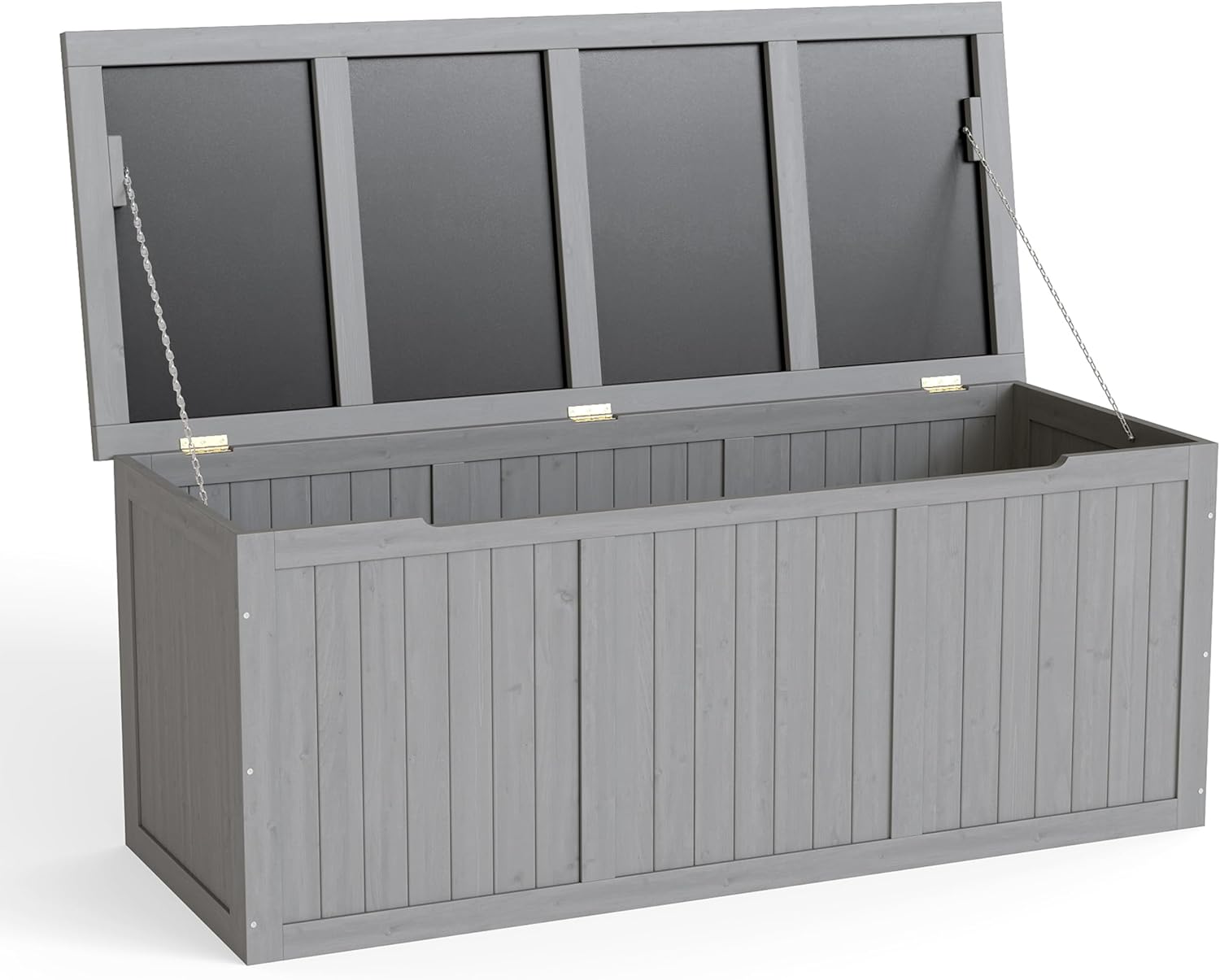 112-Gallon Outdoor Wooden Deck Box – Large Solid Wood Storage Box Seat & Table Top, Weather-Resistant Patio Furniture Cushion Organizer for Pool Toys, Garden Tools, and More (Grey)
