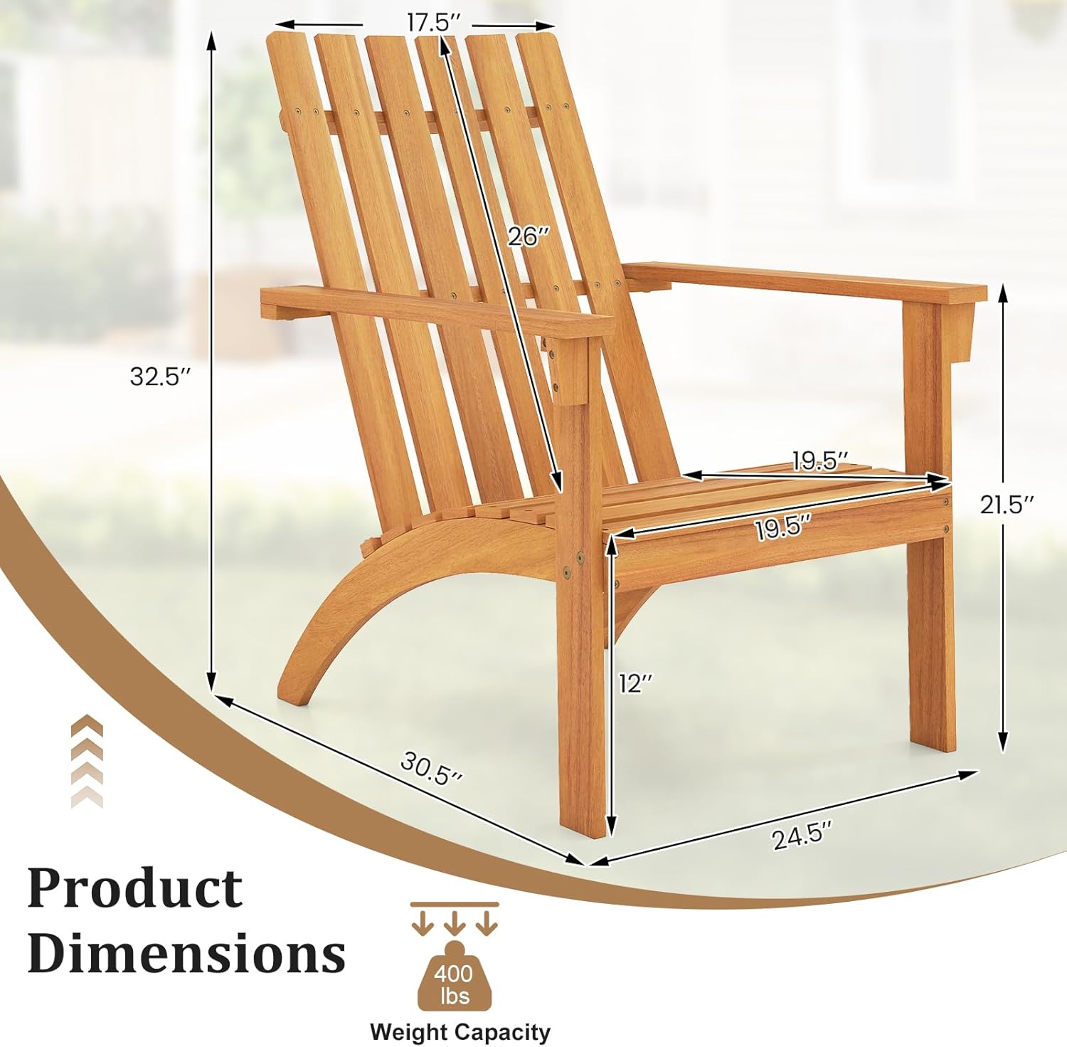 Tangkula Outdoor Adirondack Chair, Solid Acacia Wood Fire Pit Chair with Inclined Backrest, Curved Seat & Wide Armrests, Wooden Lawn Chair for Porch, Patio, Garden, Backyard, Deck (4, Natural)