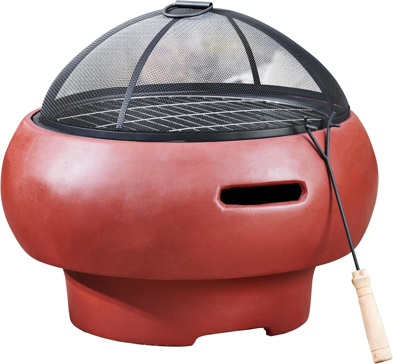 Teamson Home Outdoor 20.07 in. Round Wood-Burning Fire Pit with Faux Concrete Base, Spark Screen, Stainless Steel Grill Grate, Removable Fire Bowl and Poker, Maroon