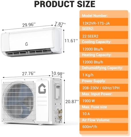 12000 BTU Mini Split Air Conditioner,22 SEER2 Cools & Heats 750 Sq.Ft,Energy Star,Work with Alexa,Inverter Technology,Smart DC Inverter Heat Pump System,WiFi/Remote Control,Installation Parts Included