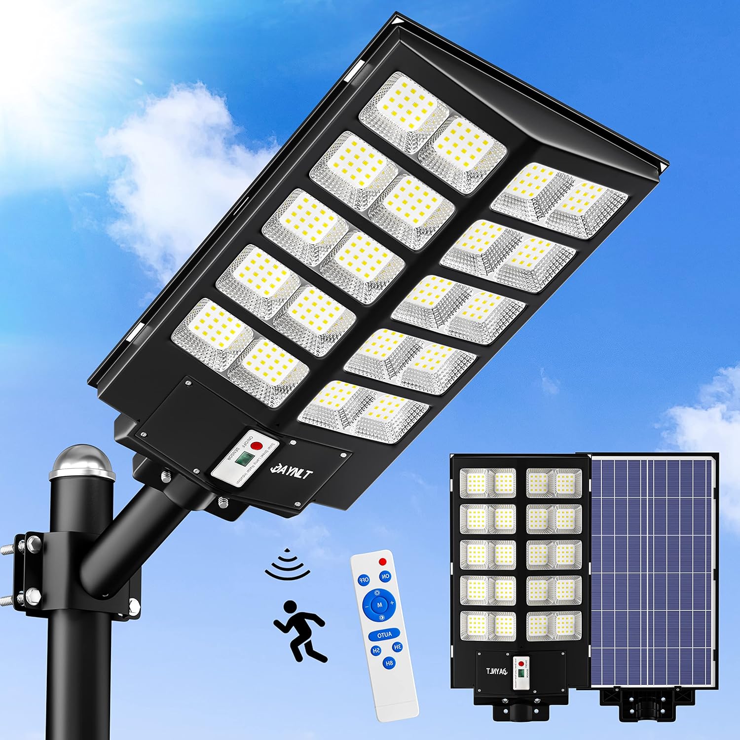 JAYNLT Y-5200W Solar Street Lights Outdoor,520000LM 6500K Commercial Parking Lot Lights Dusk to Dawn, Waterproof Solar Security Flood Lamps with Motion Sensor and Remote for Yard, Garage, Driveway