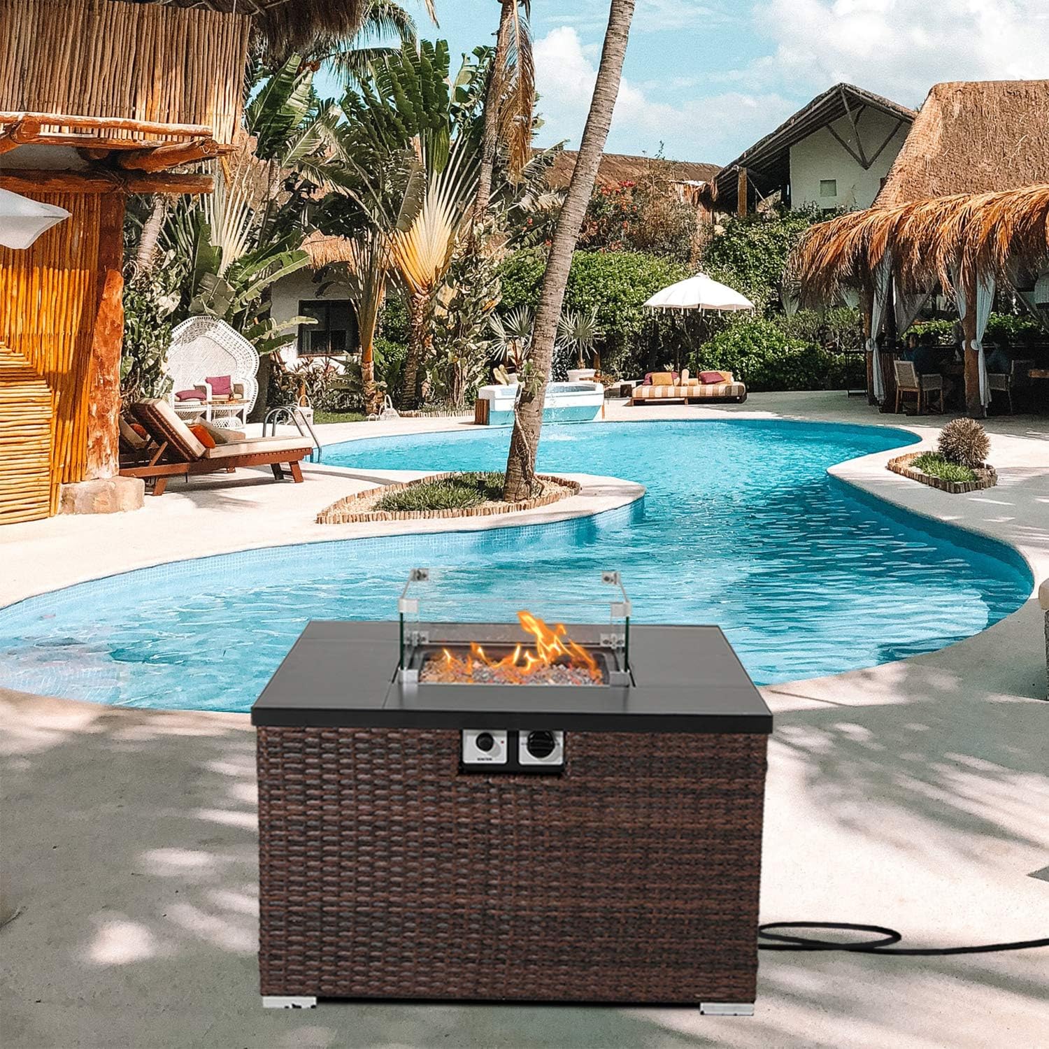 AQUILLA Outdoor Propane Fire Table, Dark Brown Color Rattan, 40000 BTU Heater w Free Lava Rocks, Waterproof Cover for Garden, Poolside