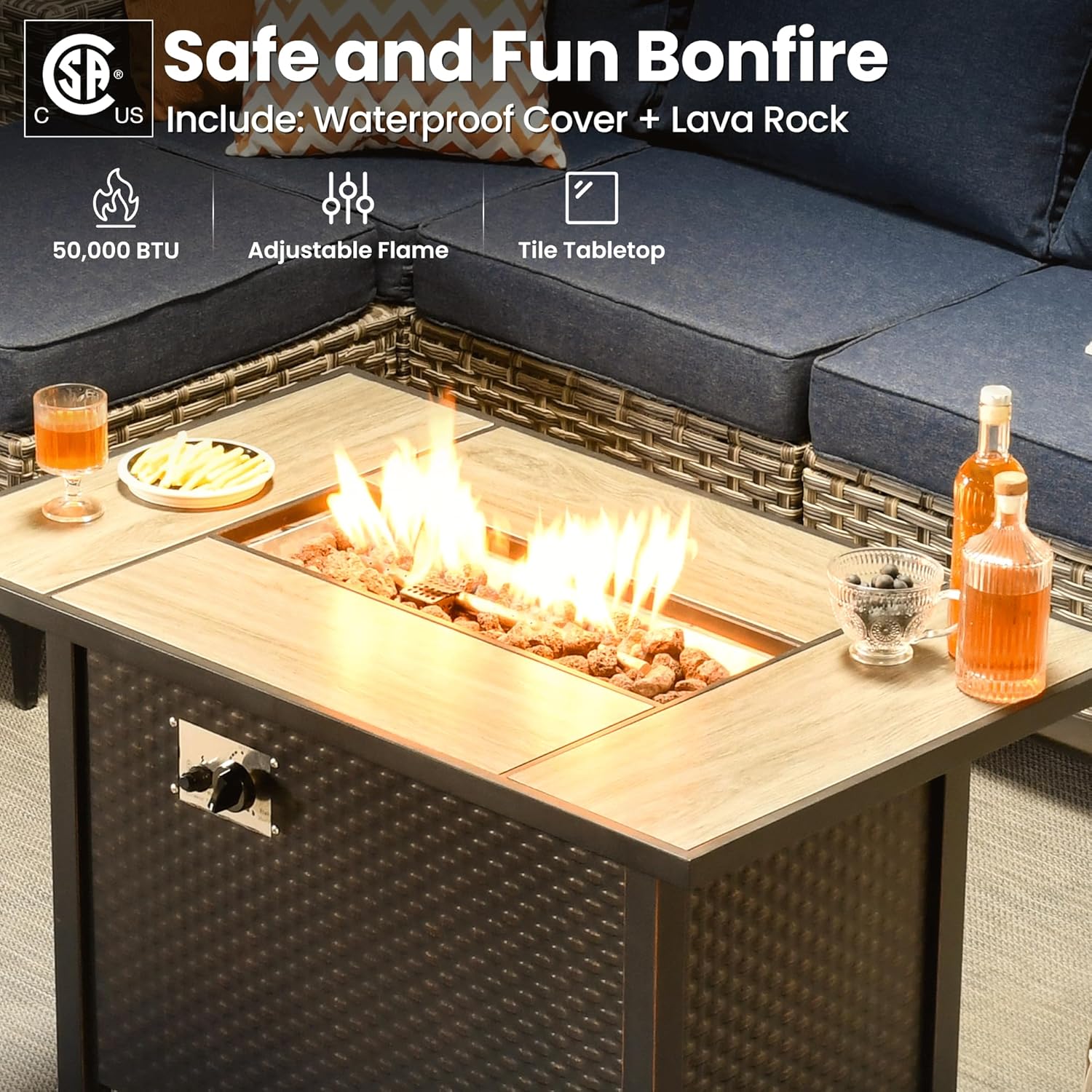 ovios 9 Pieces Patio Furniture Set Outdoor Sectional Sofa Couch with Fire Pit Table Rocking Swivel Chairs Deep Seat Chaise, Modern Modular Wicker Rattan Conversation Set, Denim Blue