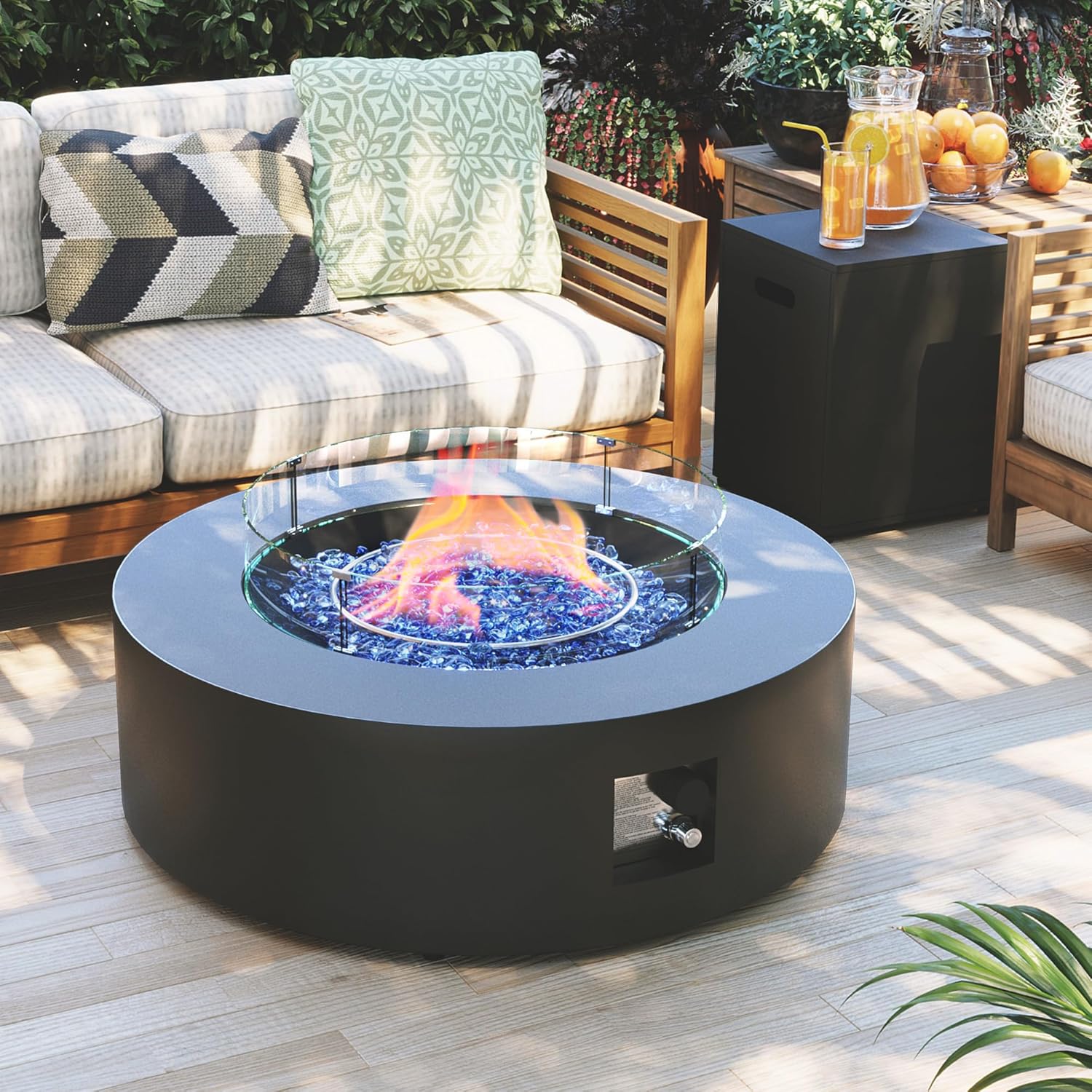 Patio Watcher 42 Inch Outdoor Propane Fire Pit Table, 50000 BTU Round Iron Gas Firepit w/Tank Table, Wind Guard, Rain Cover, Glass Rocks, Patio Fire Table for Garden Backyard, Dark Gray