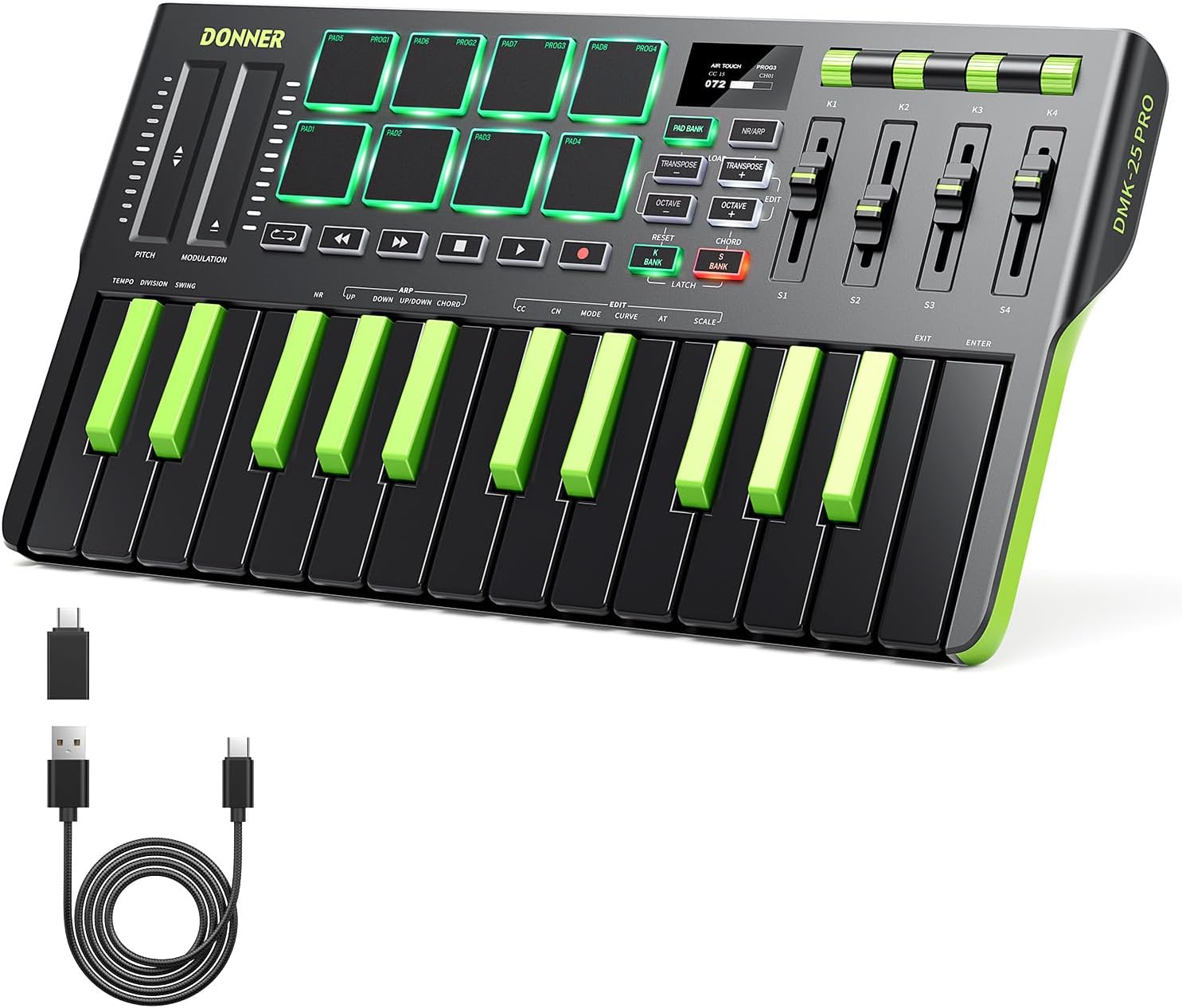 Donner DMK25 Pro MIDI Keyboard Controller, 25 Mini Key Portable USB-C MIDI Controller with 8 Drum Pads, OLED Display, Personalized Touch Bar, Music Production Software and 40 Teaching Courses, Green