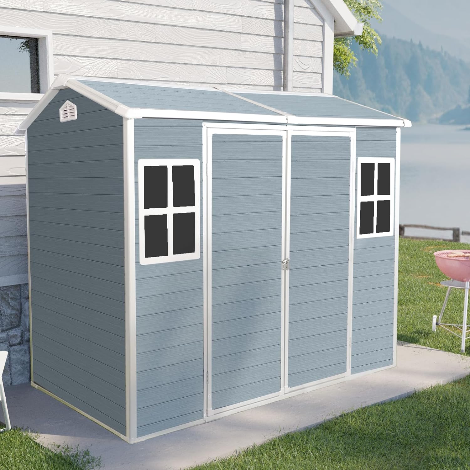 JT Resin Outdoor Storage Shed, Outdoor Storage Shed with Double Window & Floor to Store Patio Furniture, Garden Tools Bike Accessories, Beach Chairs and Lawn Mower (Grey, 8ft*4ft)