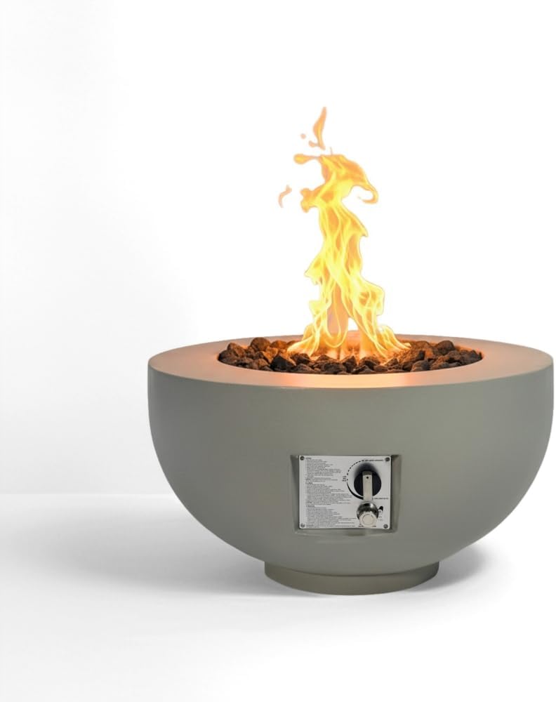 28-inch Round Outdoor Propane Fire Pit Table, 40,000 BTU Light Concrete Fire Bowl with Free Lava Rocks, Rain Cover and Lid for Patio, Garden, Deck