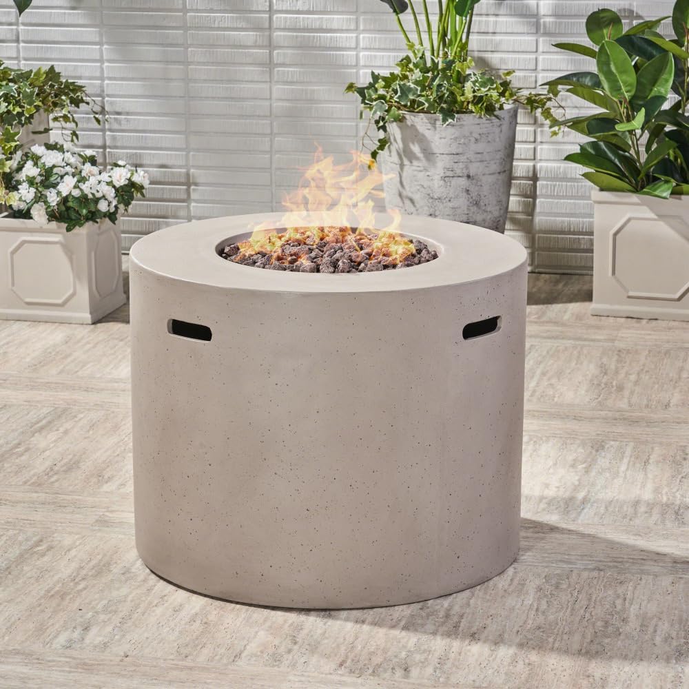 Outdoor Propane Fire Pit Table with Glass Rocks, 40,000 BTU, Lightweight Concrete Construction, Perfect for Patio and Backyard Gatherings