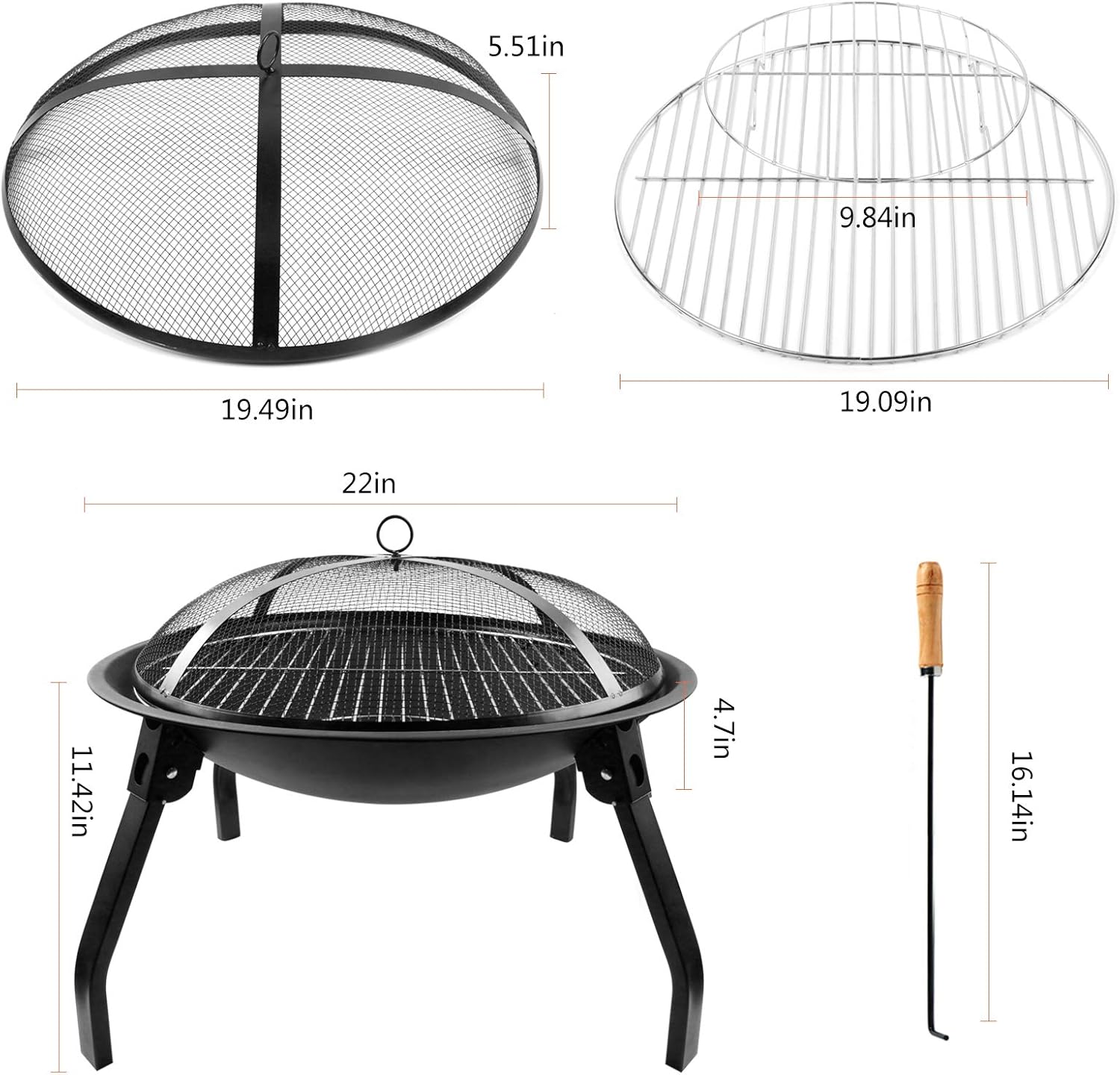Outdoor Fire Pits,Portable and Collapsible 22-inch Fire Pit Grill Wood Burning Best for BBQ,Campfire,Bonfire with Smore SticksMesh Cover Spark Screen,black