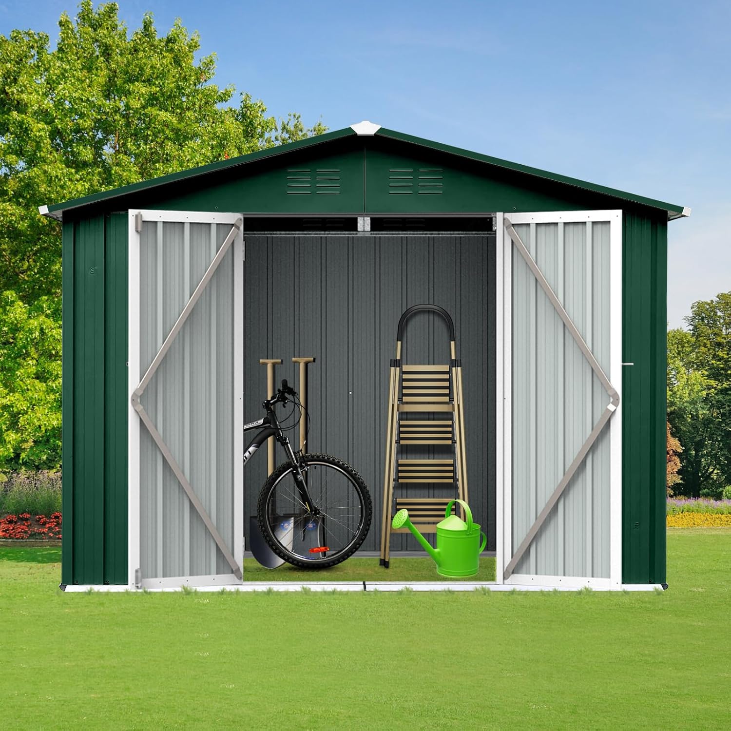 Metal Outdoor Storage Shed 8 x 6 FT, Steel Utility Tool Shed Storage House with Sloping Roof and Lockable Door, Waterproof Garden Storage Tool Shed for Backyard Patio Lawn (Green, 8X6 FT)