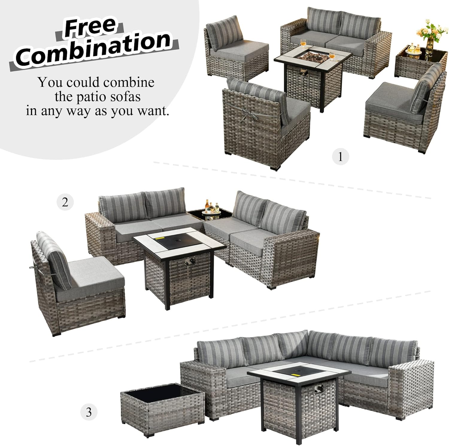 HOOOWOOO Outdoor Patio Sectional Furniture Sofa Set with Propane Gas Fire Pit Table,7 Piece Small Modern Wicker Couch with Widened Armrest,Modular Conversation Seating Set for Out Door(Grey Strips)