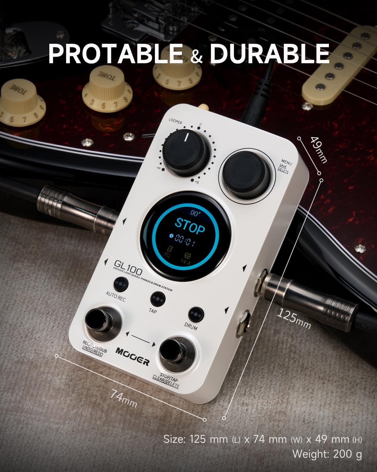 MOOER GL100 Looper Pedal Drum Machine, 2 in 1 Drum Looper Guitar Pedal 1.3-inch Touchsreen 100 Slots with 300 Minutes in Total Auto-record Time Stretch Function Dedicated Editor Software