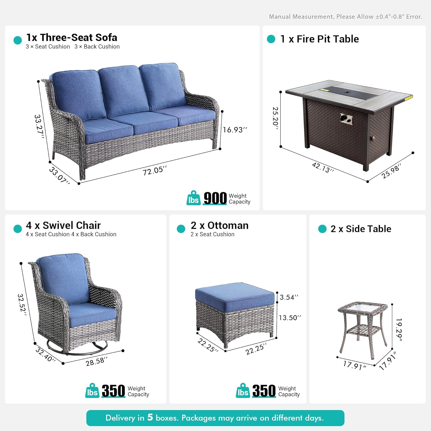 10 PCS Patio Outdoor Furniture Set with Fire Pit Table and Swivel Rocking Chairs,Patio Seating Sofa and Chairs Set,All Weather Wicker Rattan Outdoor Conversation Sets,Grey Rattan,Denim Blue
