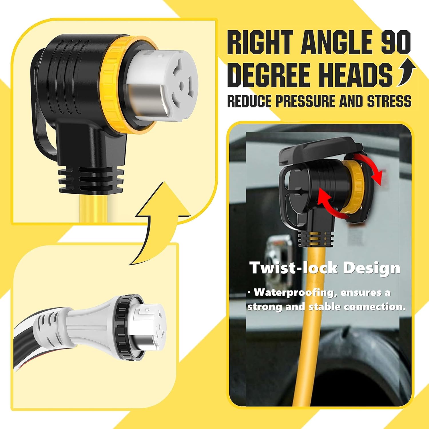 25 Feet 50 Amp RV/Generator Cord, UL Listed, 100% Copper Wire, NEMA 14-50P to SS2-50R Twist Lock, Newly Designed 90°Grip Handle, 6/3+8/1 Gauge STW Wire