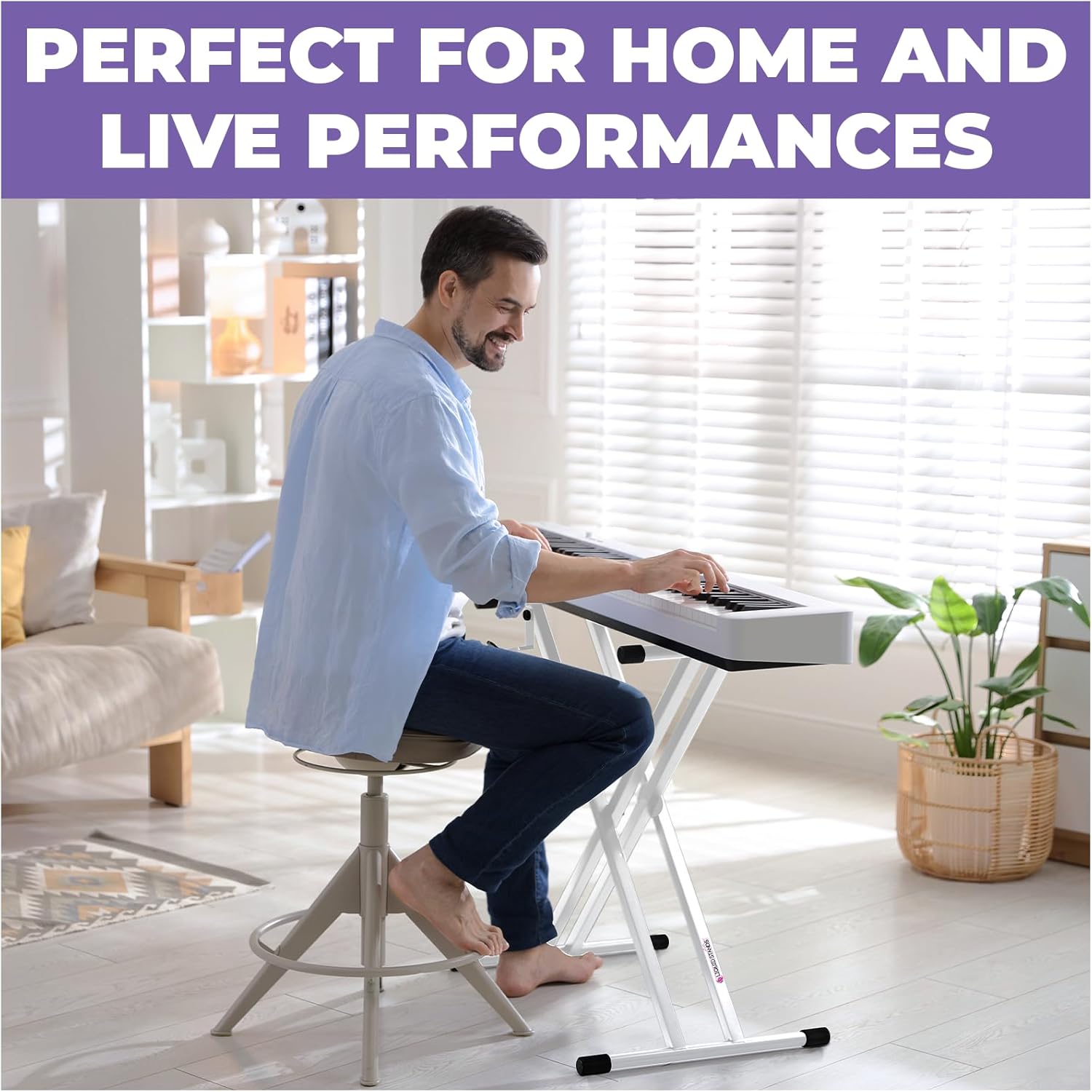 Liquid Stands Piano Keyboard Stand - X Style Adjustable and Portable Heavy Duty Music Stand for Kids and Adults - Fits 54 61 88 Key Electric Pianos - Double Braced Foldable Digital Piano Table Frame (White X-Style)