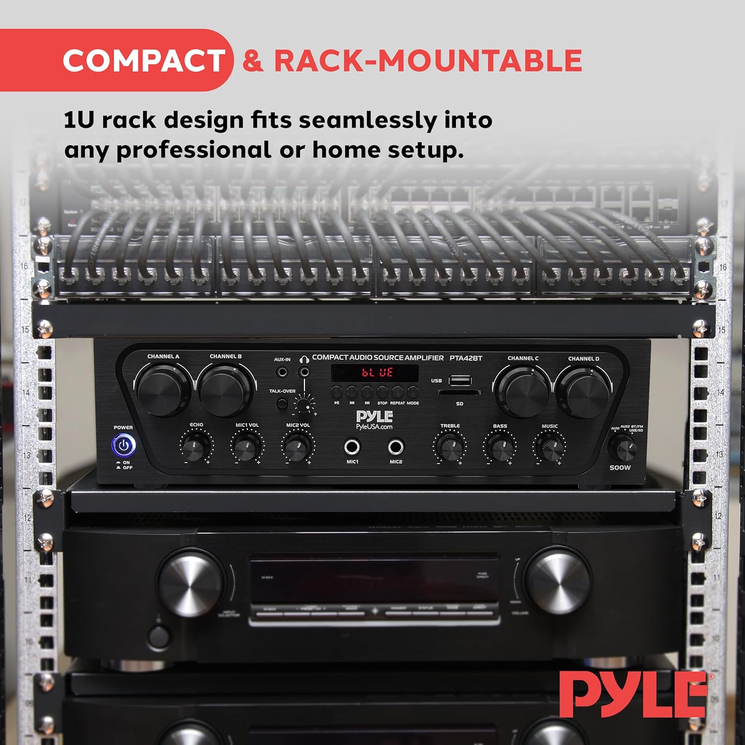 Pyle PTA42BT Wireless Karaoke Bluetooth Stereo Receiver - 4 Channel Power Amplifier w/USB,2 Microphone Input w/ Echo,Talkover for PA Great for Home Speaker System,Black