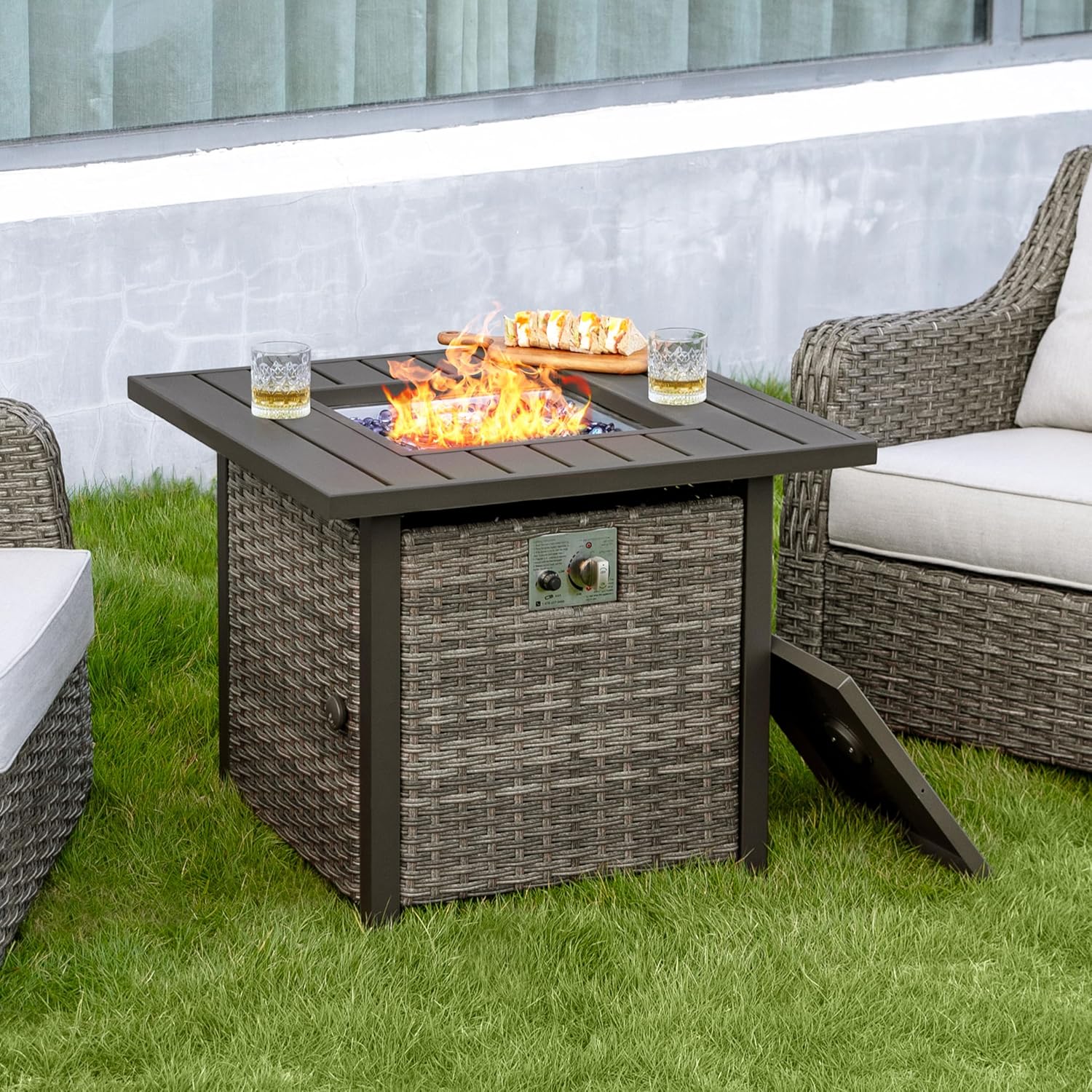 Nuu Garden Propane Fire Pit Table, CSA Certified 30 Inch 50,000 BTU Outdoor Propane Gas Cabinet Square Fire Pit Table, Iron Tabletop, Rattan and Iron Frame, with Lid and Fire Glass Beads, Black