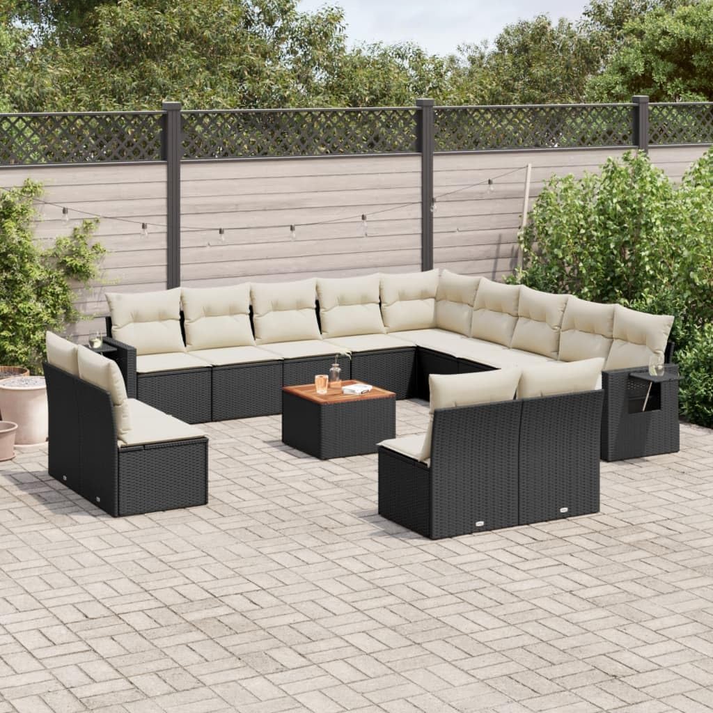 14-Piece Modular Garden Sofa Set in Black and Cream White, Durable Poly Rattan Outdoor Furniture with Powder-Coated Steel Frame for Patio, Flexible Seating Arrangement