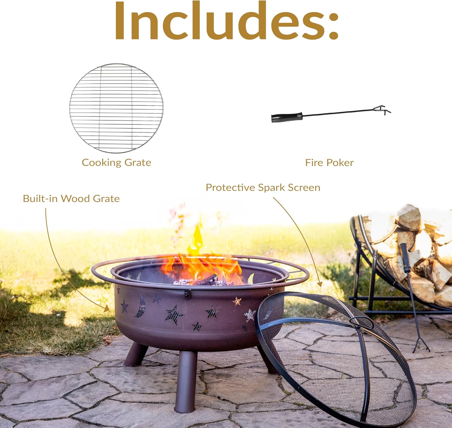 Sunnydaze Cosmic 30-Inch Patio Fire Pit for Outside - Outdoor Wood-Burning Fire Pit with Grill Grate, Spark Screen, and Fireplace Poker