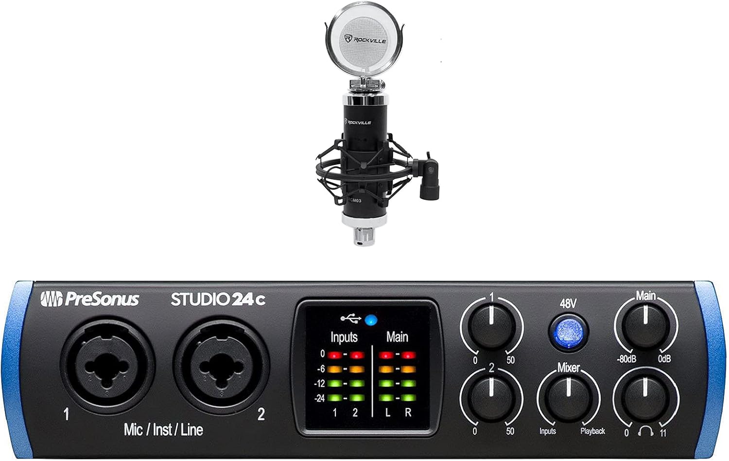 Presonus STUDIO 24C 2x2 USB-C Audio MIDI Recording Interface, 2 XMAX Mic Preamps Bundle with Rockville RCM03 Pro Studio Recording Condenser MicrophonewithMetal Shock Mount