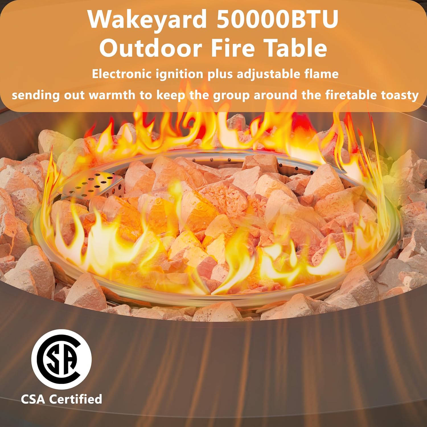 32 inch Outdoor Propane Fire Table, Round Patio Fire Pit Table, 50,000 BTU Gas FirePit with Lid, Cover, Lava Rocks, CSA Certified, Black