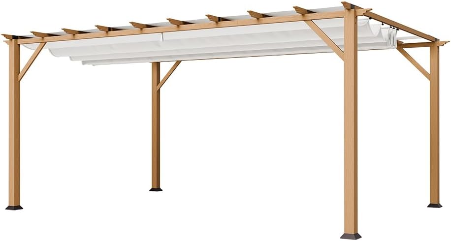 Paragon Outdoor 11’ x 16’ Florence Alumnum Pergola, Powder-Coated Aluminum Frame in Canadian Cedar Wood Grain Finish with Soft Top Retractable Canopy in White for Backyard, Patio, Porch, Garden