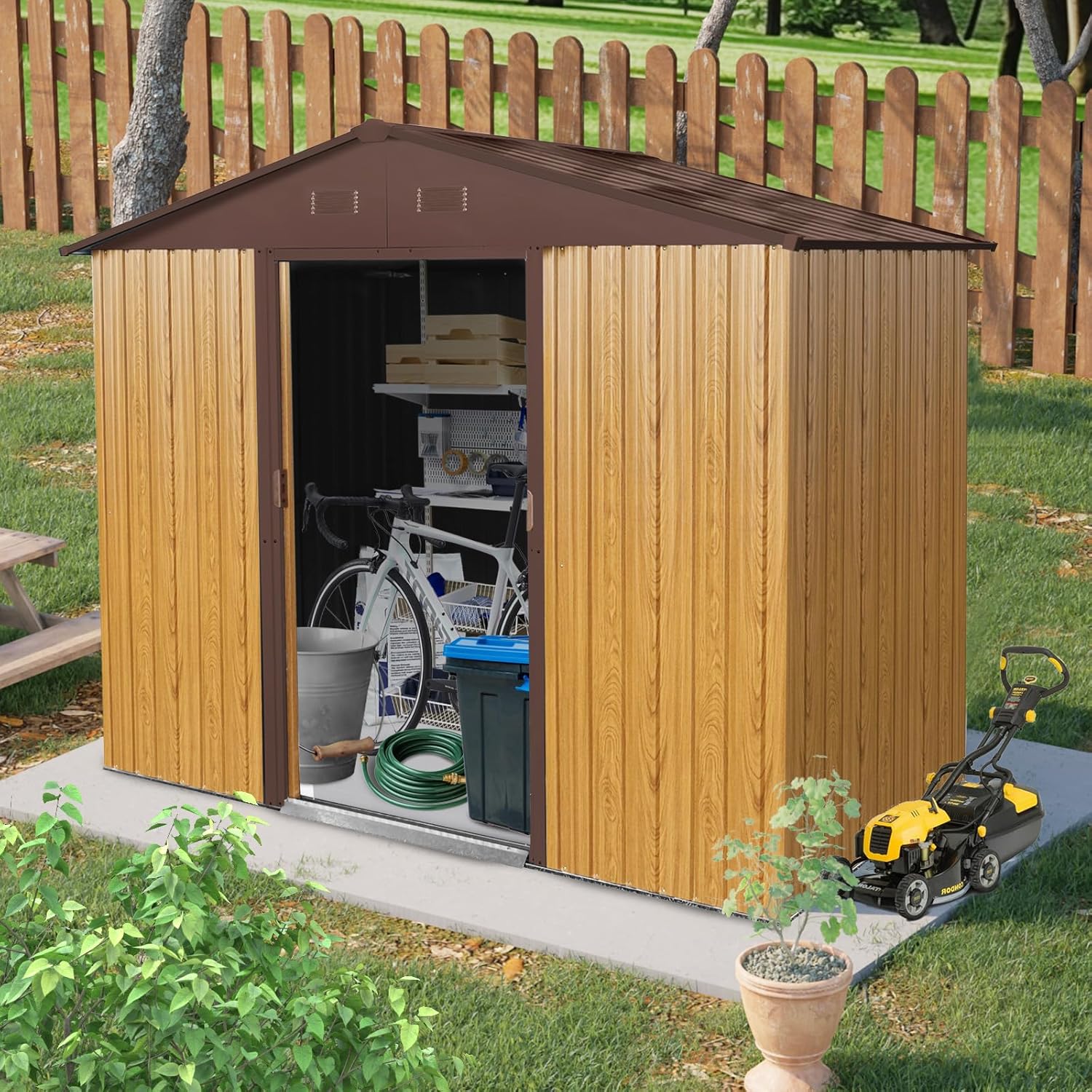 8x4 ft Outdoor Metal Storage Shed with Floor Foundation, Lockable Galvanized Steel Tool Shed with Sliding Door and Air Vent, Waterproof Garden Storage House for Backyard, Patio