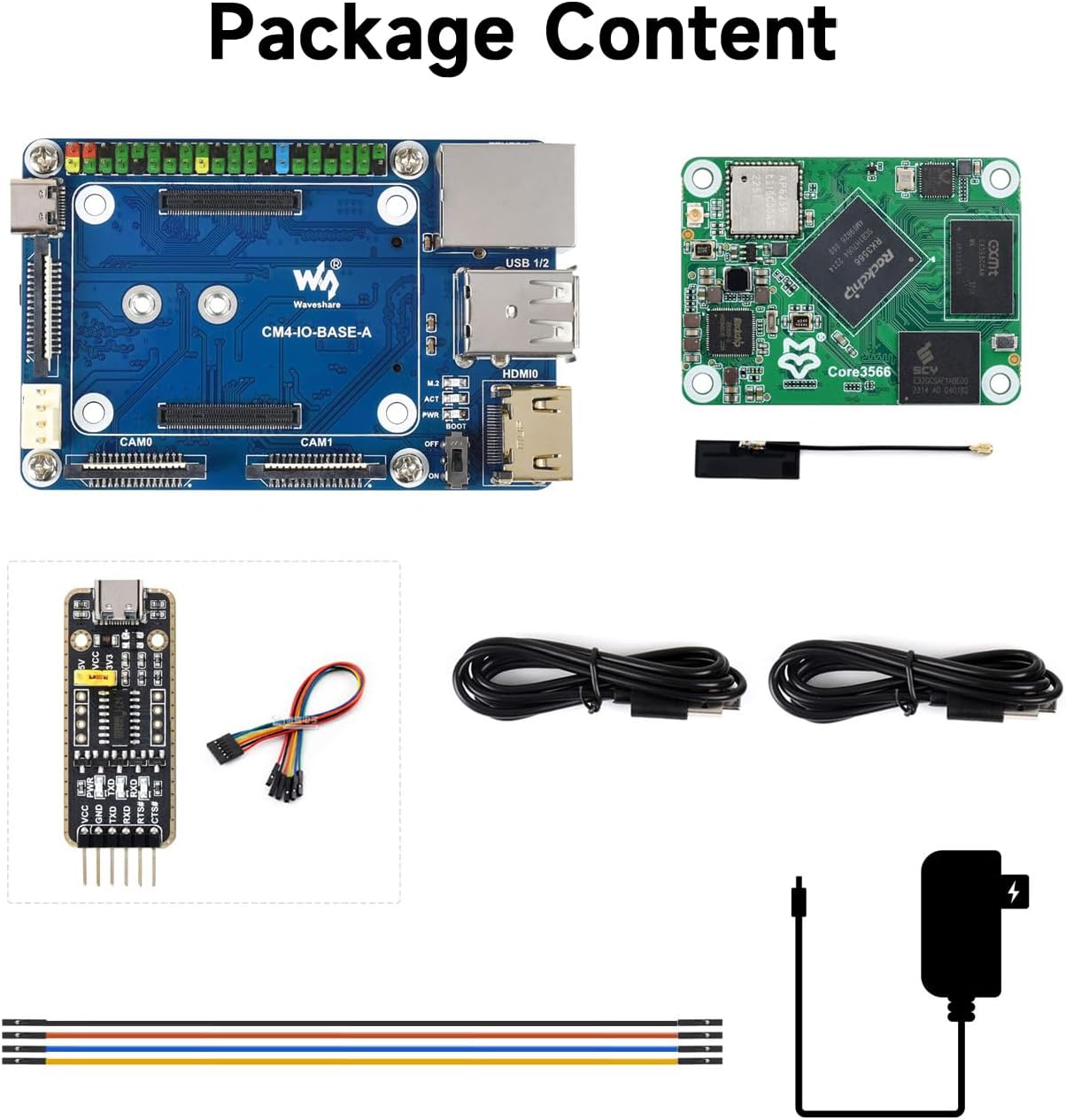 Waveshare Core3566 Module Kit, Rockchip RK3566 Quad-Core Processor, Compatible with Raspberry Pi CM4, Include Core3566102032, CM4-IO-BASE-A and Other Accessories