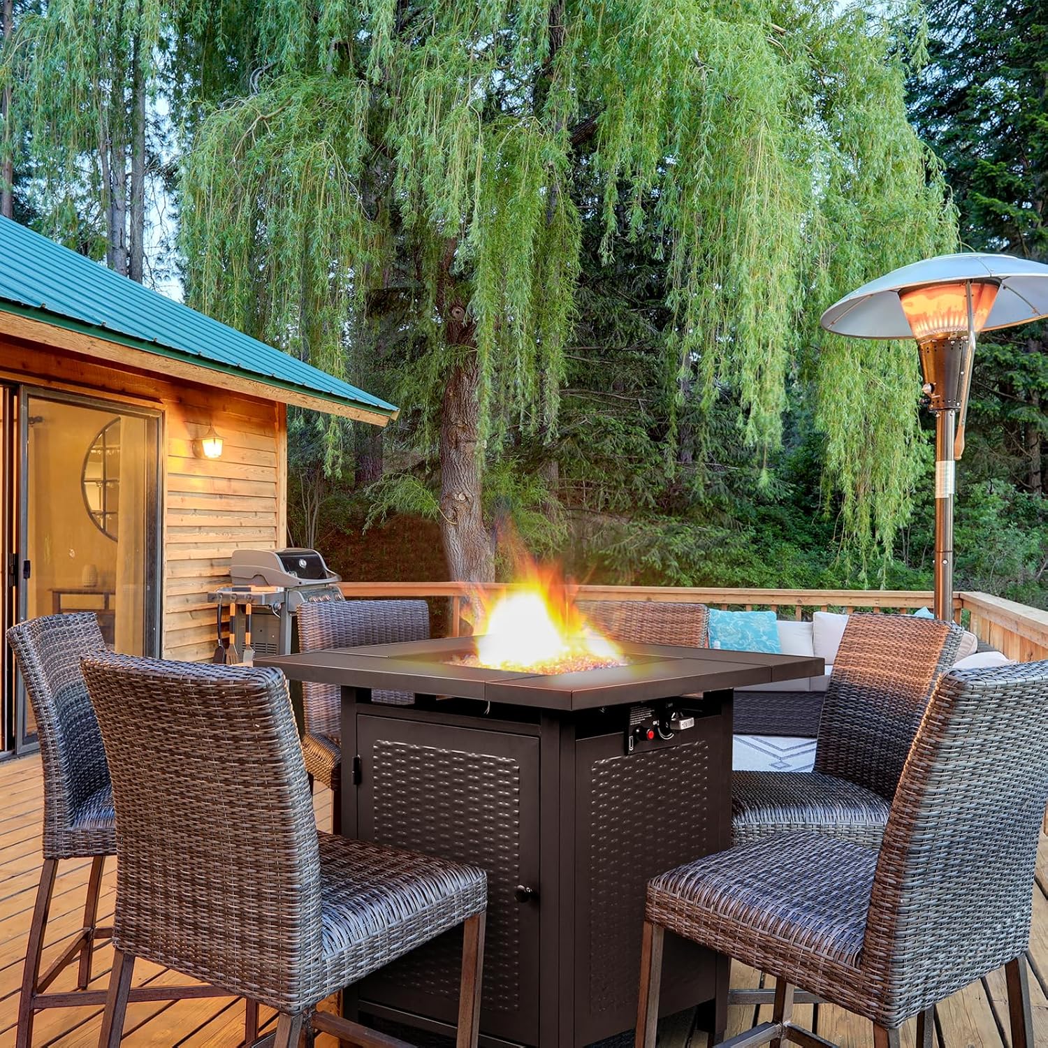 Gas FirePit Table, 28 inch 50,000 BTU Square Outdoor Propane Fire Pit Table with Lid and Volcanic Rock (Black)