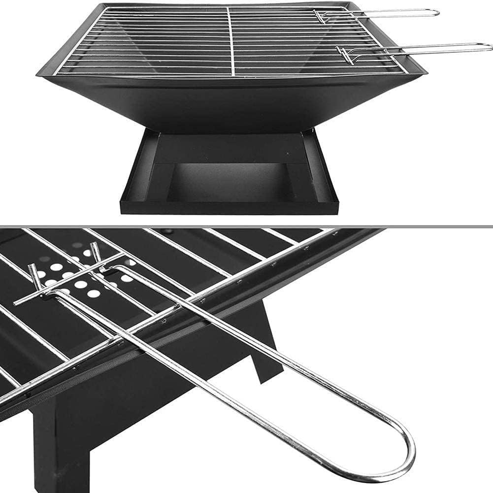 BBQ Grill Outdoor Barbecue Grill Square Outdoor Metal Firepit, with Spark Screen Log Poker and Cover Grill Table, for Backyard Patio Garden Stove Wood Burning Fire Pit