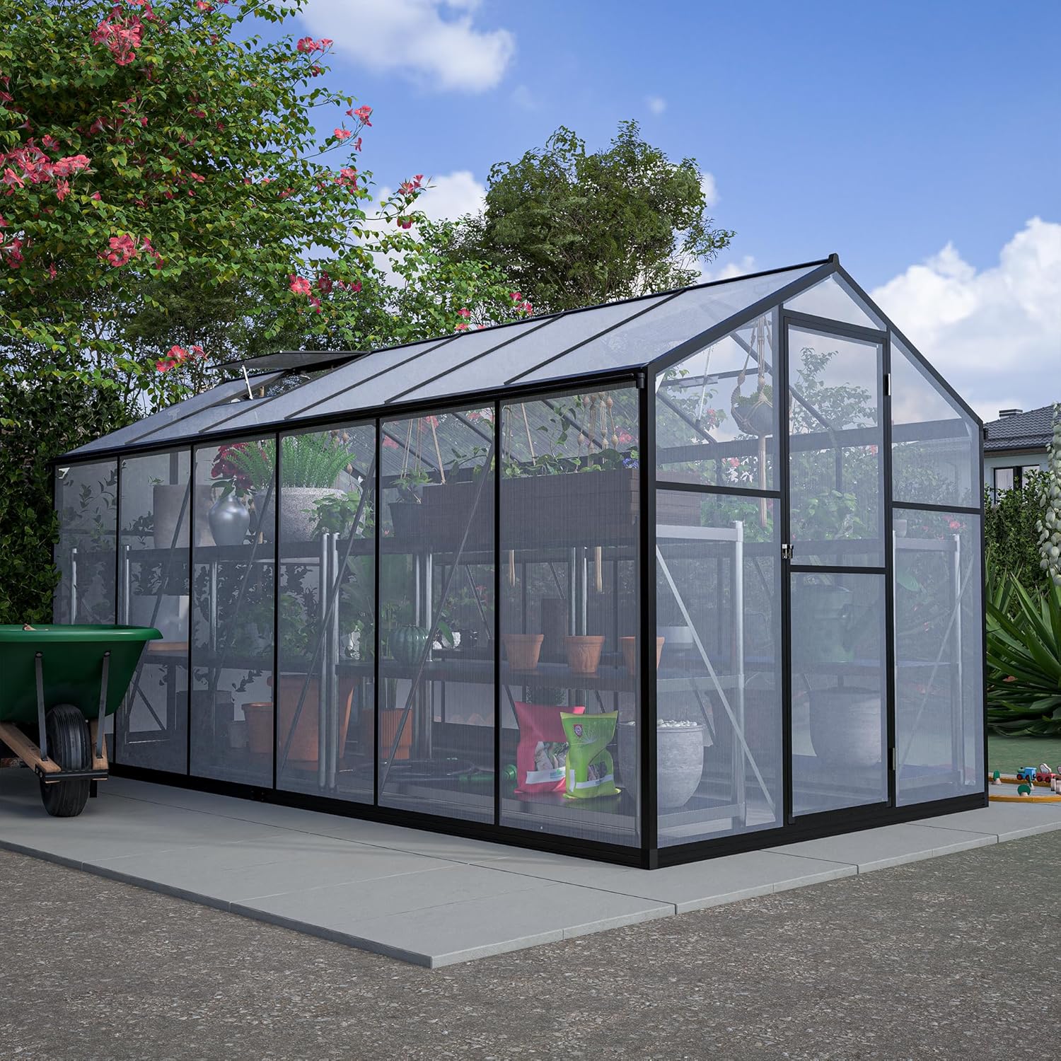 Greenhouse 8x6 FT Thicked Polycarbonate, Greenhouse with Double Flush Door, Rain Gutter and Ventilation Window, Green House for Sunroom, Garden, Backyard, Walk-in Large Winter