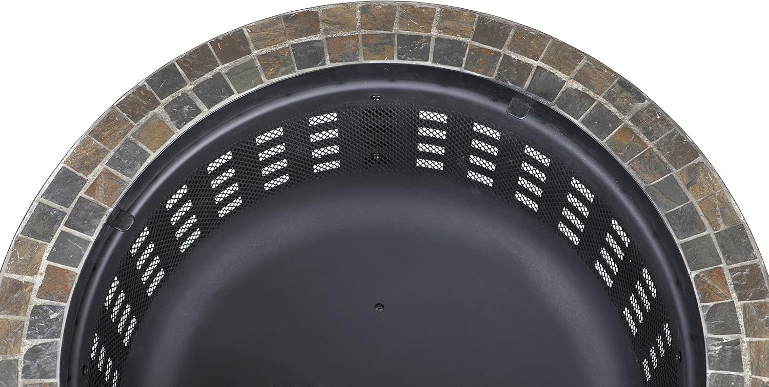 Fire Sense 62240 Fire Pit Alpina Slate Top Wood Burning Lightweight Portable Outdoor Firepit Backyard Fireplace for Camping Bonfire Included Screen Lift Tool & Cooking Grate - Round - 24