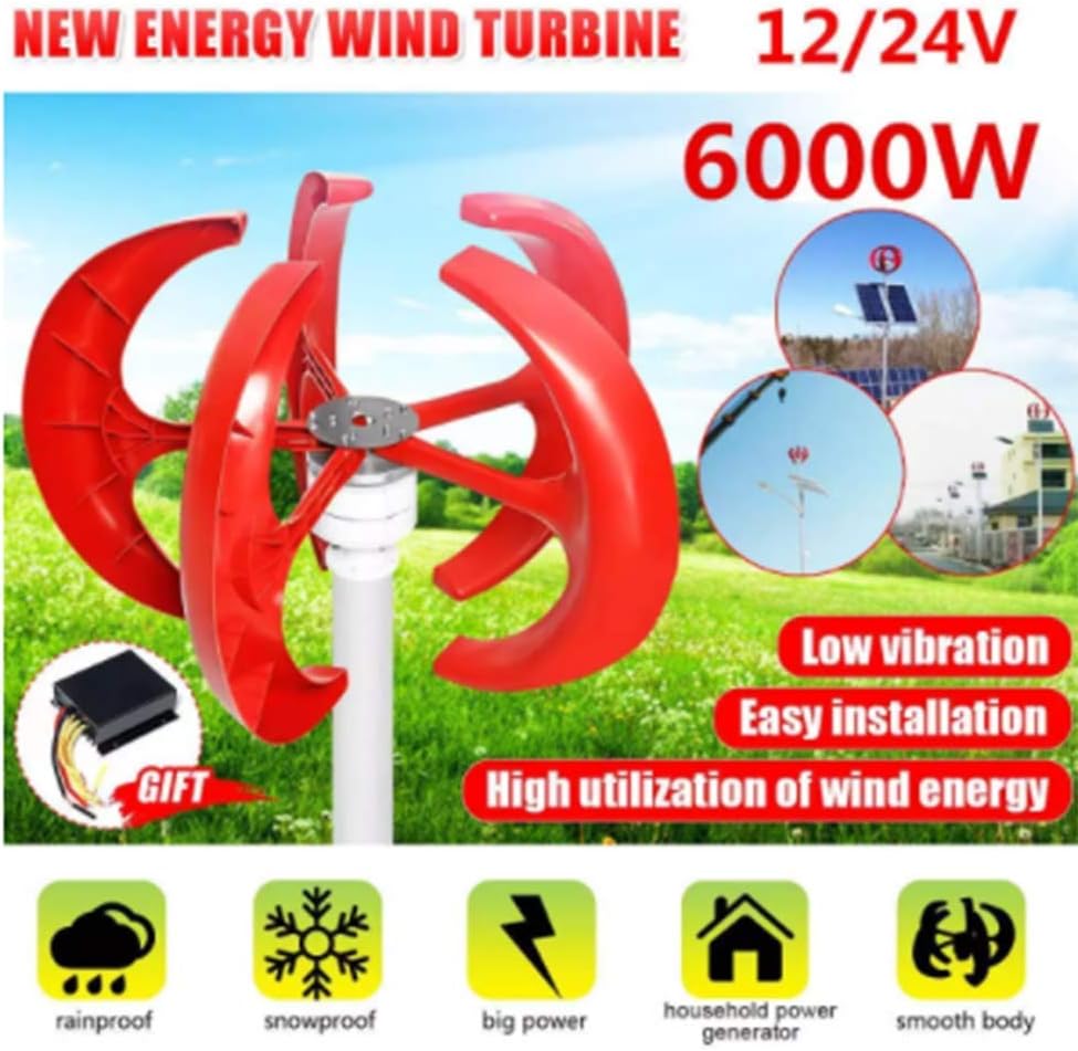 6000W 5 Blades Vertical Axi Lantern Wind Turbines Generator 12V 24V Motor Kit Electromagnetic for Home Streetlight Use,12v