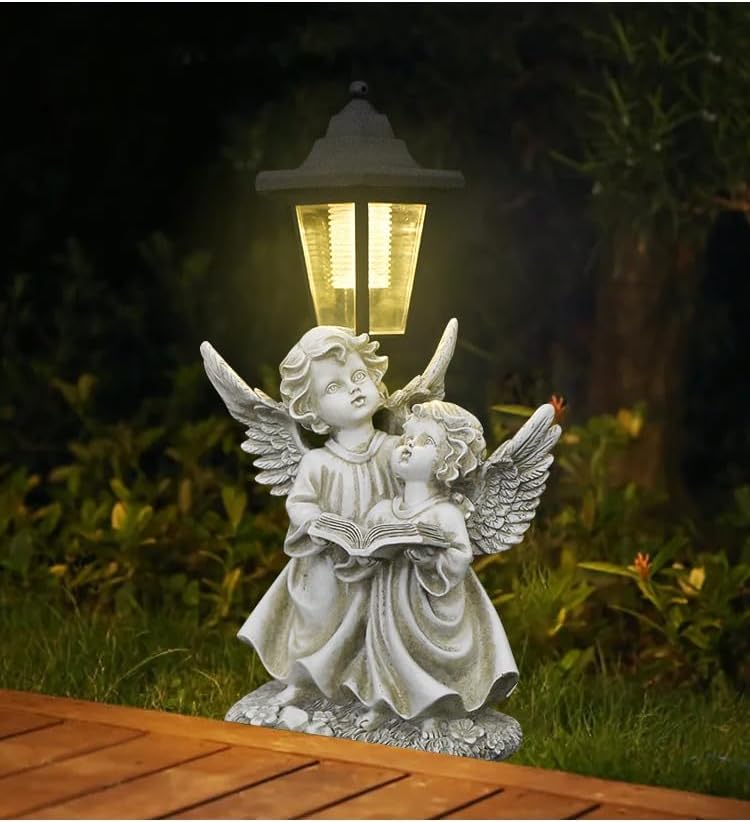 Garden Angel Solar Light Statue, Decorative Outdoor Lantern, White Stone-Look Figurine, LED Powered