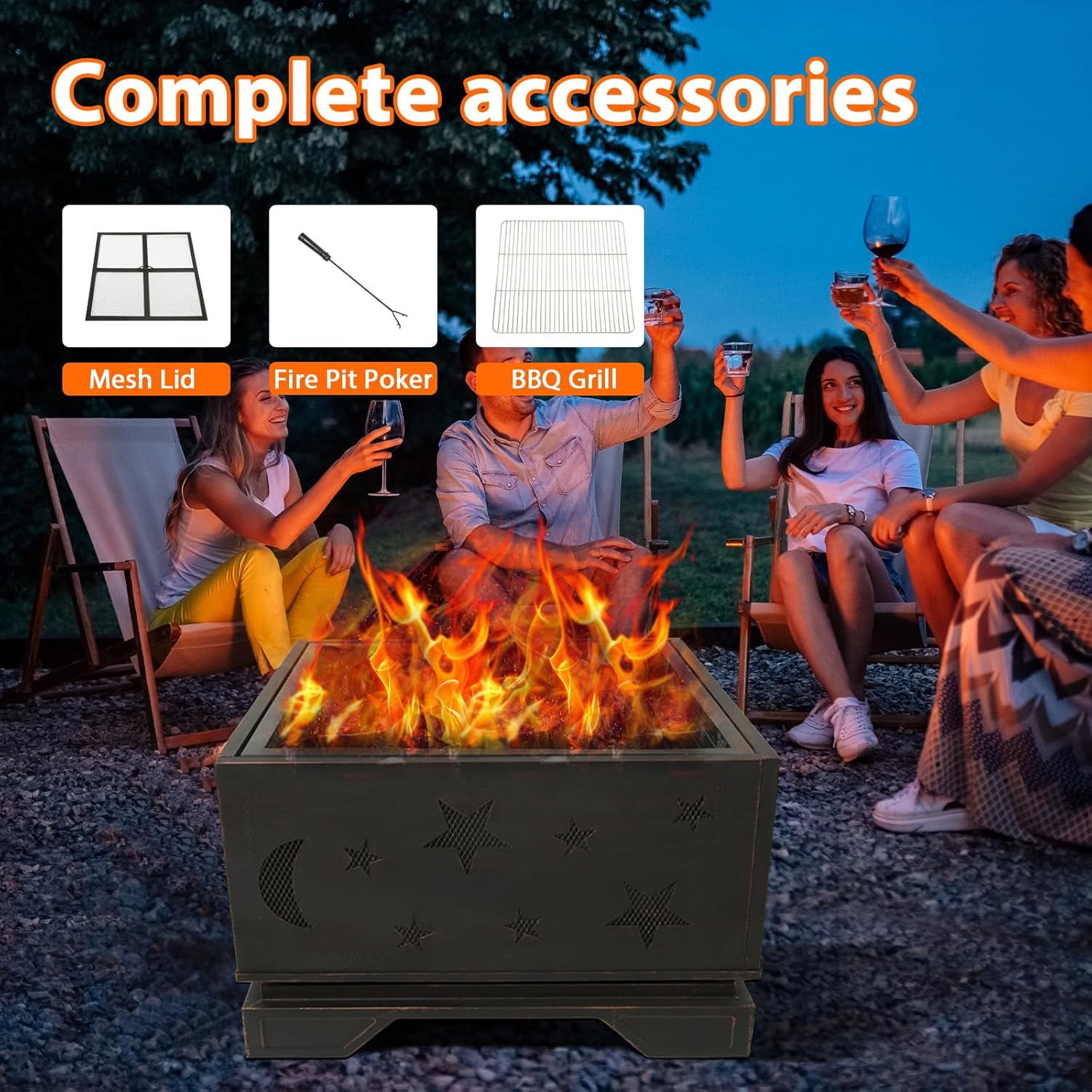 Outdoor Charcoal Grill Wood Burning Firepit for Patio Garden, Backyard, Camping - Large Burning Space Fireplace Accessories with Poker