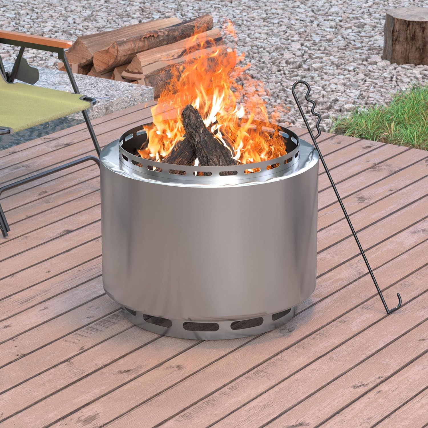 19 Inch Smokeless Firepit Outdoor with Fire Hook, Wood Burning Portable Fire Pit Stainless Steel for Backyard Patio Garden Picnic Camping (Silver)