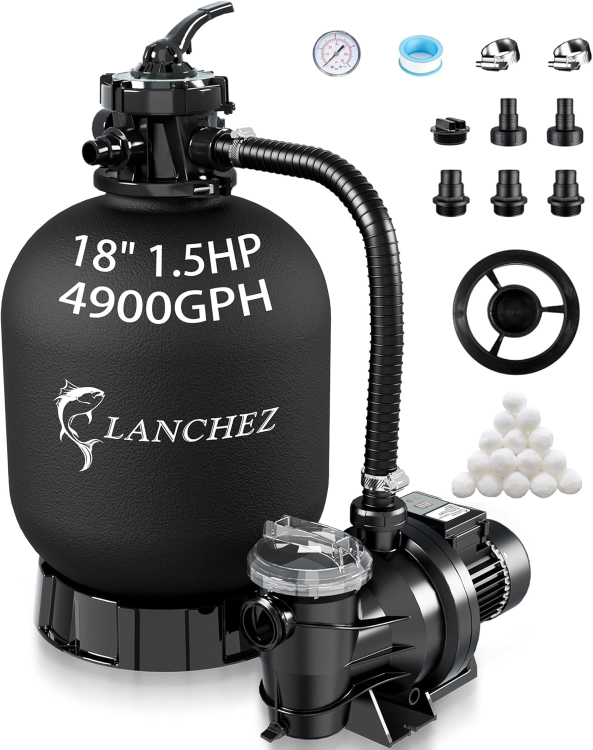 LANCHEZ Sand Filter Pump for Above Ground Pool, High Flow Pool Pump, 7-Way Valve Sand Filter Pump System, 18