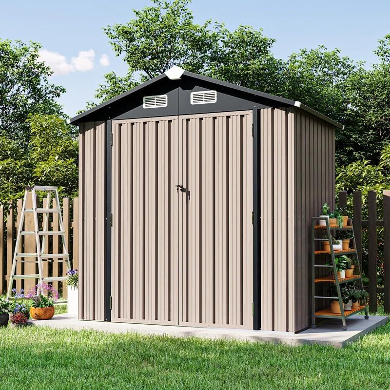 Galvanized Steel Outbuilding Storage Shed, 6.4x4.0FT with Floor, UV Protection, Air Vent, Hinged Door, Utility Tool Storage House for Lawn, Garden, Backyard, Patio, Lawn, Brown