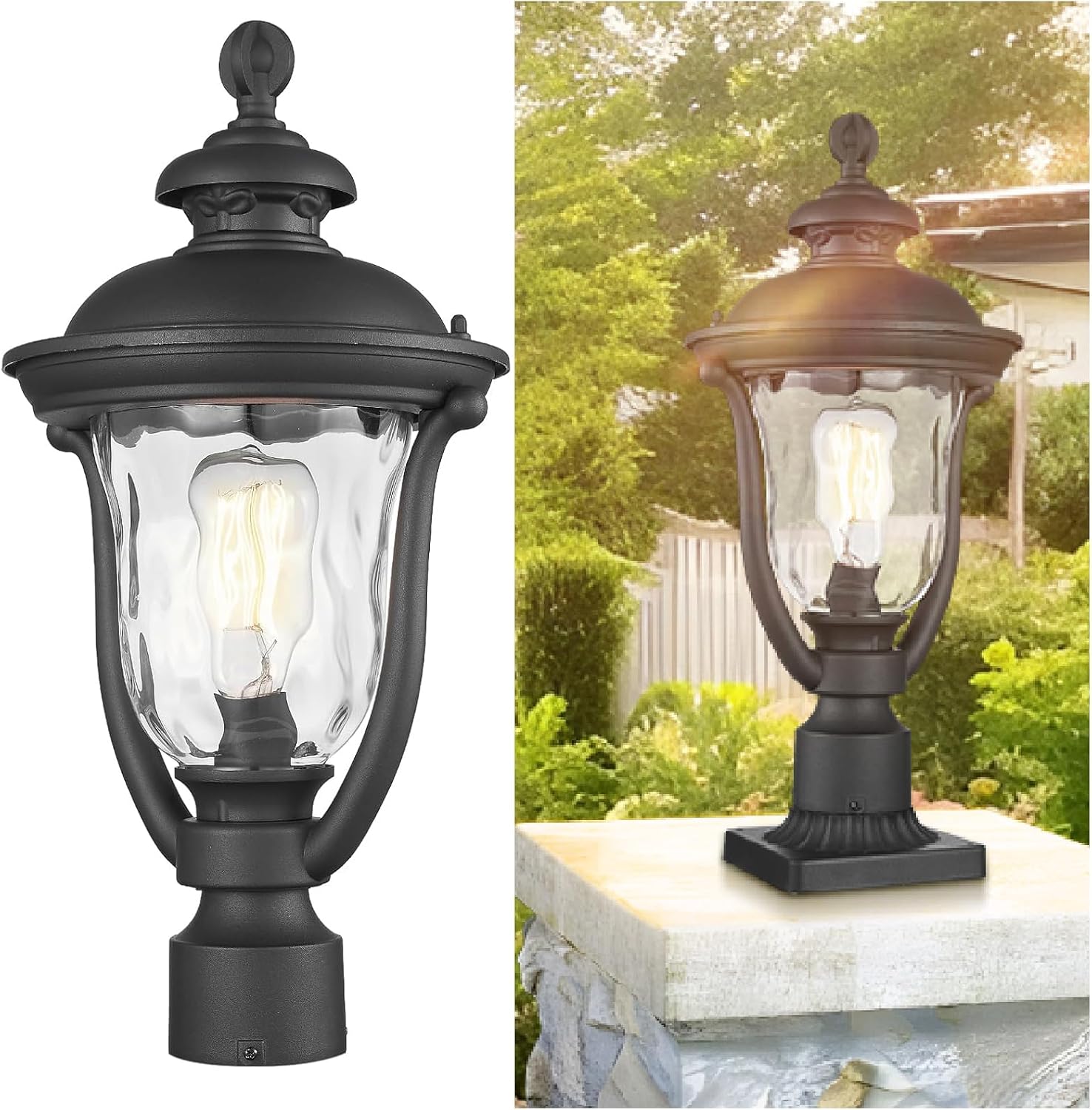 Outdoor Post Lights, Modern Exterior Lamp Posts Light Fixtures, Waterproof and Anti-Rust Aluminum Outside Pole Latern for Porch Patio Garden, Water Ripple Glass Lamp Shade, Black Finish