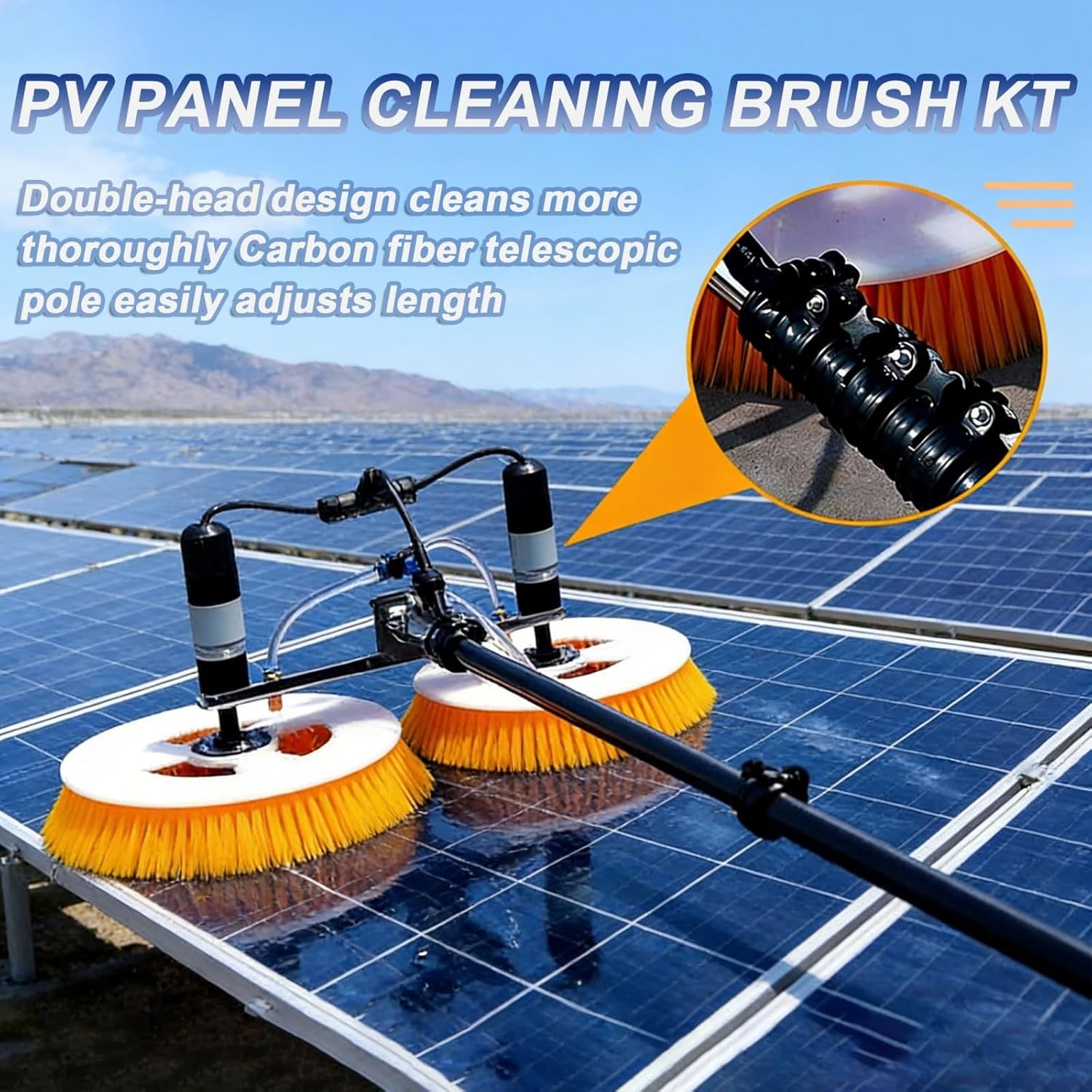 Solar Panel Cleaning Machine, Industrial Dual Head Automatic Rotating Brush, Comes with Complete Telescopic Pole Kit, Dual Power Option for Mains and Battery Operation(5m,Mains Electricity)