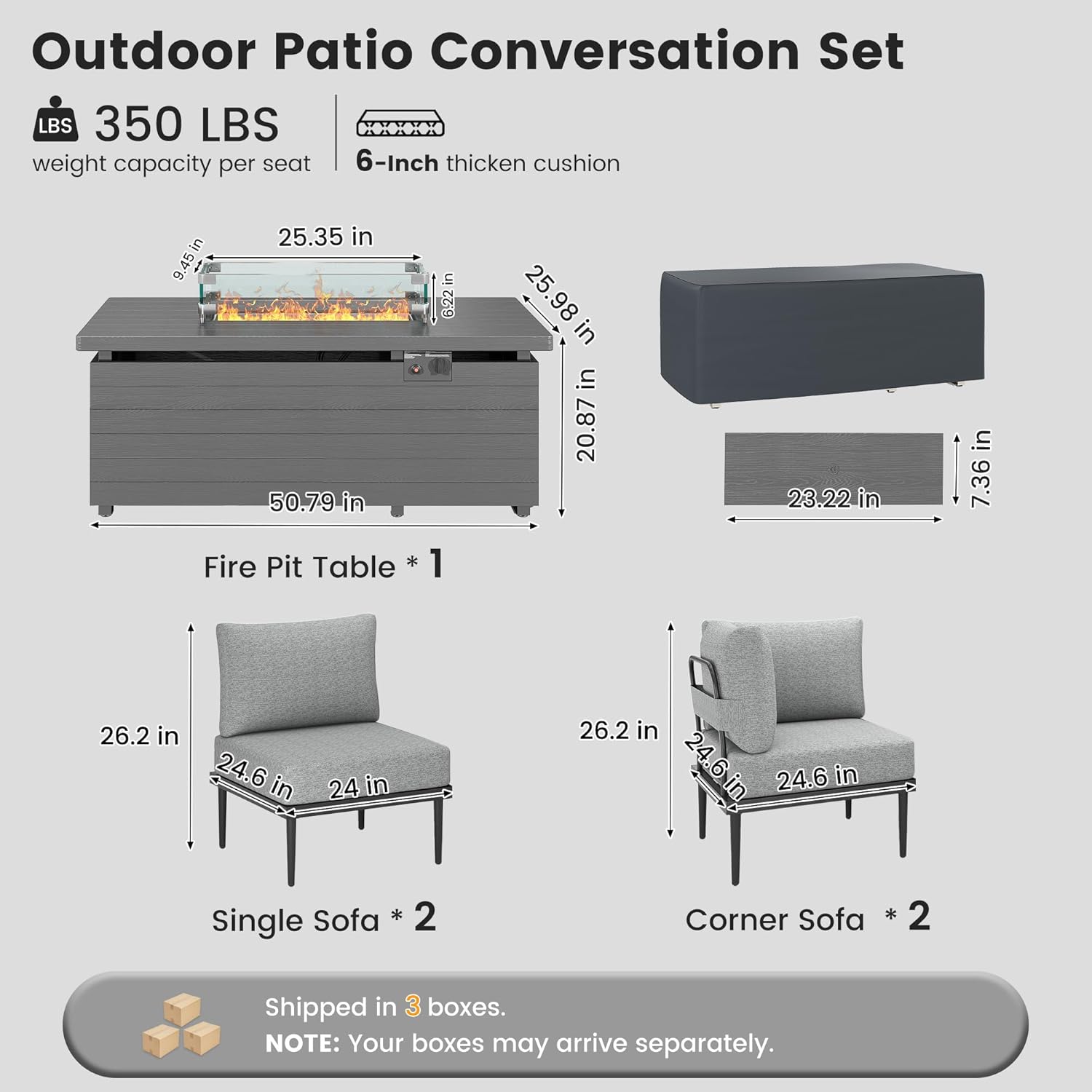 5 Pieces Metal Patio Furniture Set with Champagne Fire Pit Table, Outdoor Sectional Sofa with 6-Inch Olefin Cushion, Outdoor Furniture Set for Balcony, Patio & Courtyard, Green