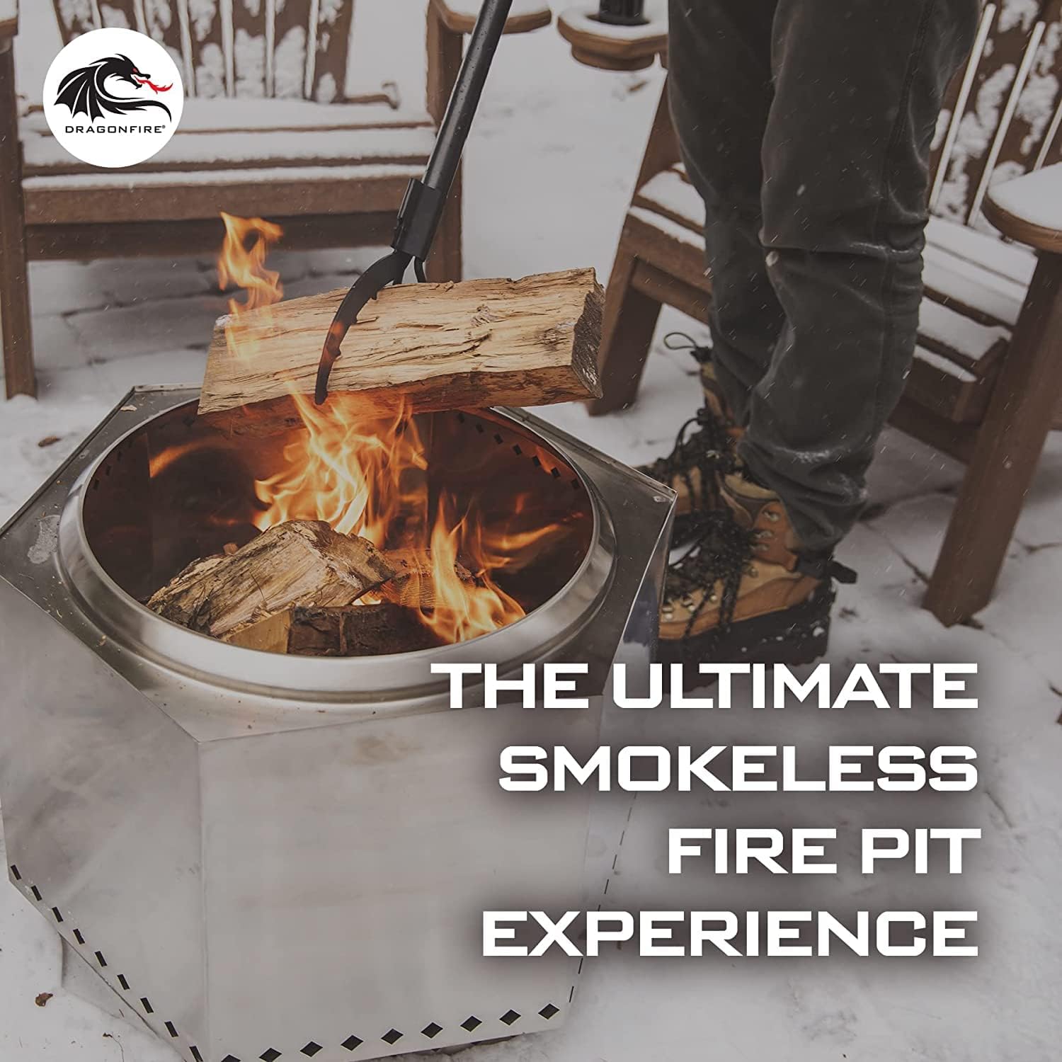 Dragonfire Smokeless Firepit, Accessories Included: Grill Grate, Base Stand, and Weatherproof Cover. Wood Pellet/Log Burning Large Outdoor Fire Pit. Stainless Steel, 23.5 Inch Backyard Patio Size.