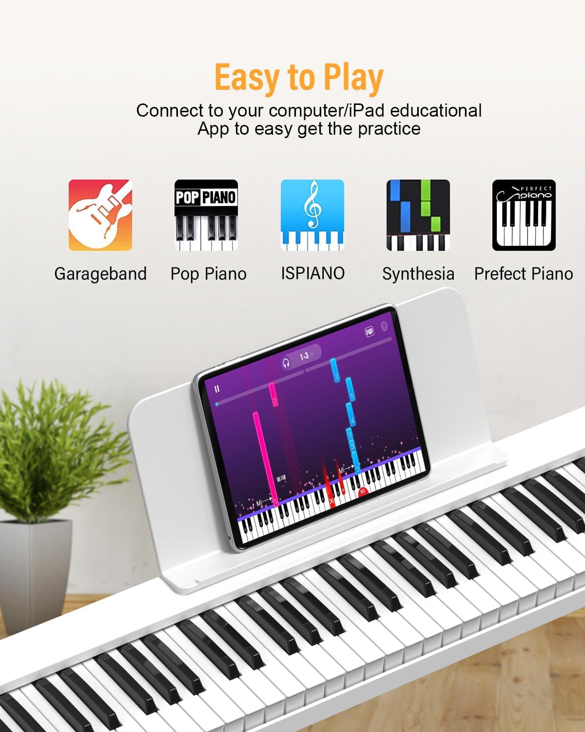 KONIX 88 Key Semi Weighted Keyboard Piano, Full Size Digital Piano with Double X Stand, Portable Keyboard Piano for Beginner Include Sustain Pedal, Power Supply and Piano Bag - White