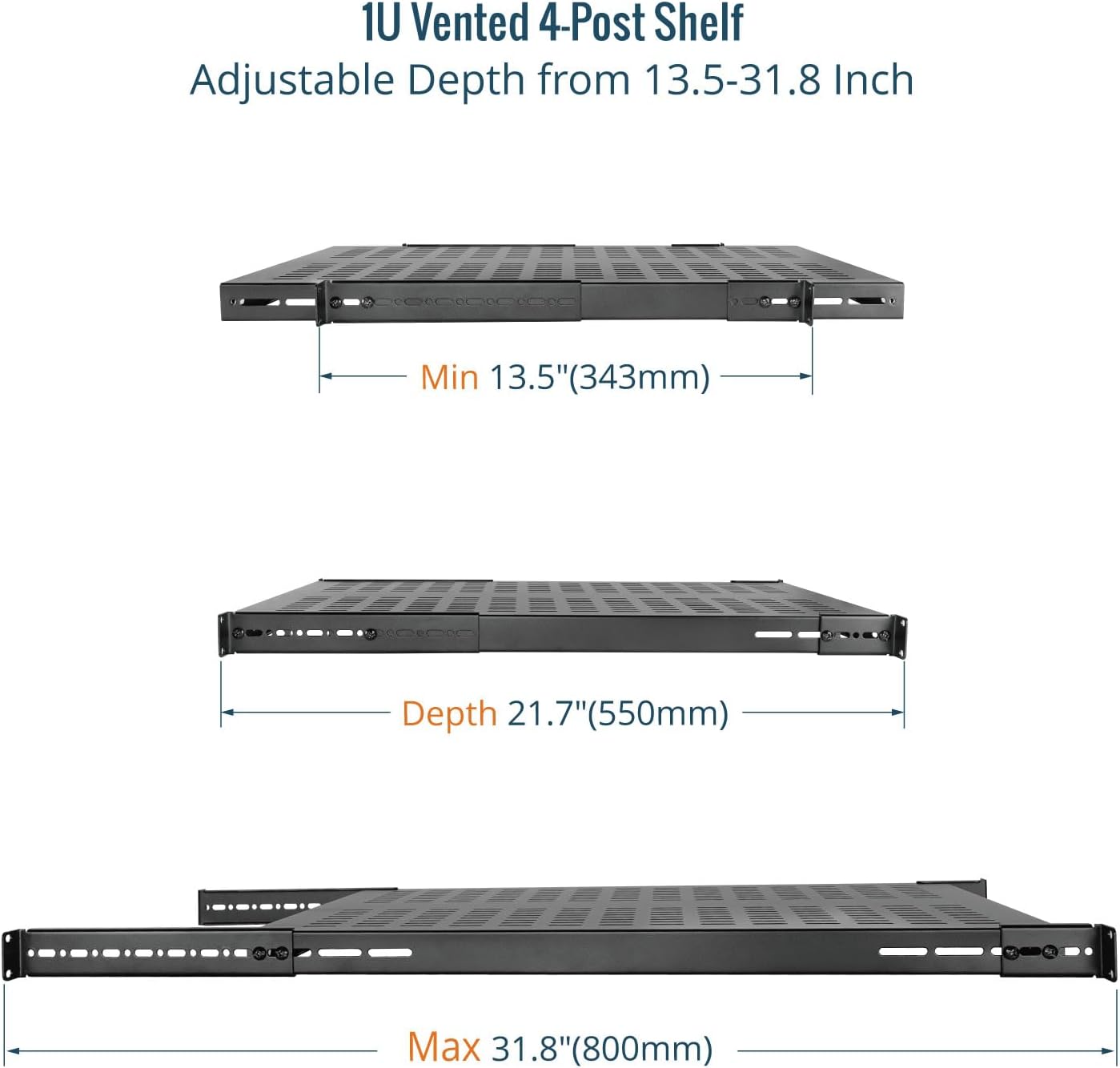 Tecmojo 1U 4-Post Vented Server Rack Mount Shelf,21.7in Deep with Adjustable Depth 13.5-31.8 Inch,Supports to 242 lbs,Universal Tray for 19 Inch AV/Network Equipment Rack,Black