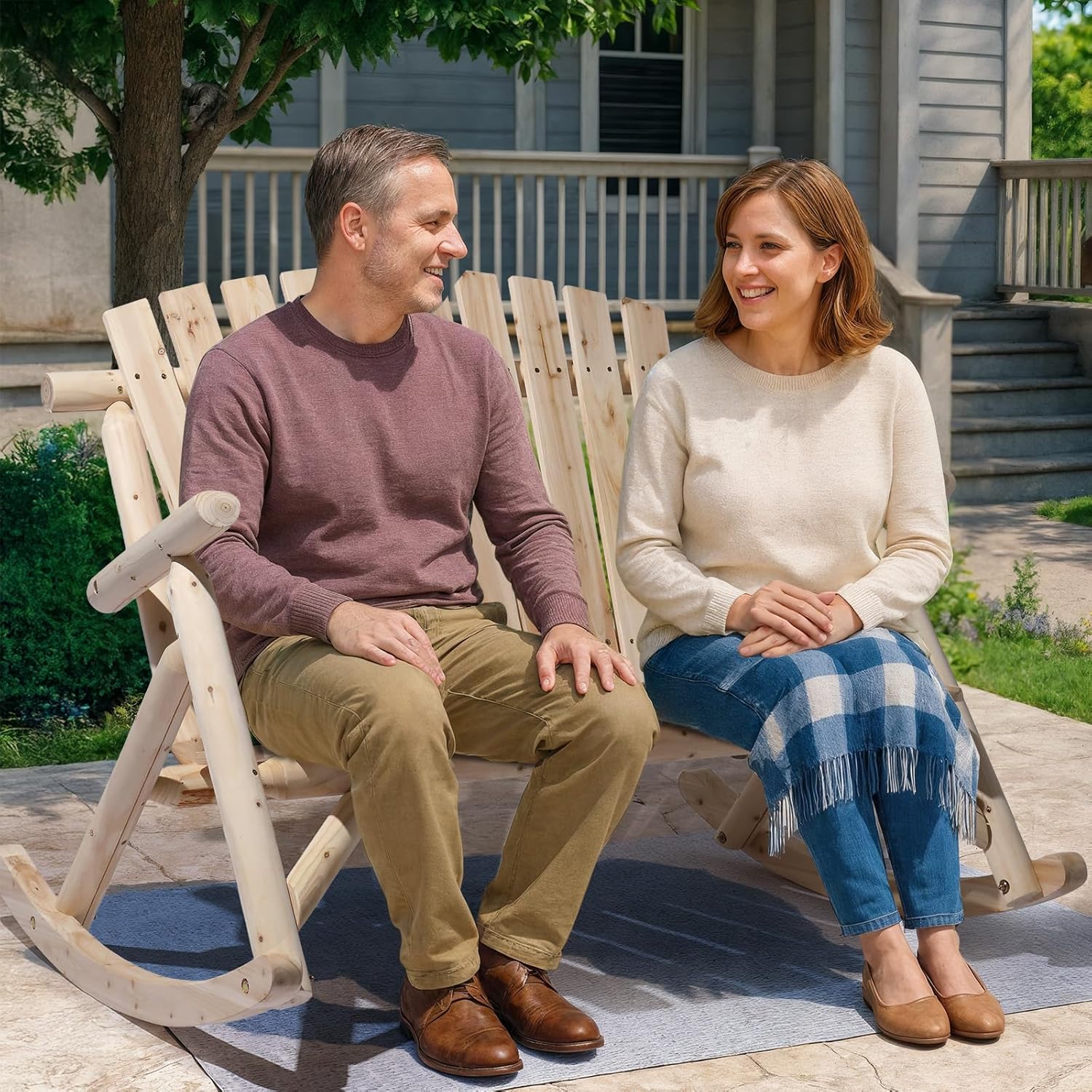 Outvita 2-Person Wood Rocking Chair, Fir Log Adirondack Rocker, Outdoor Wood Accent Furniture Lounge Chairs with Wide Curved Seats for Garden Patio Backyard Porch (Natural Finish)