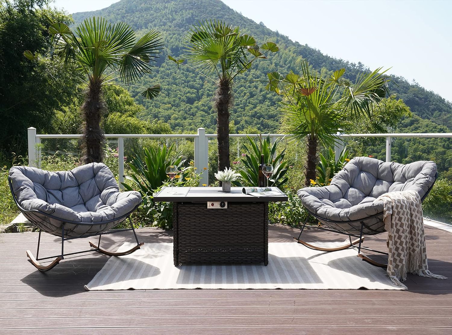 Grand patio Rocking Chair Set of 3, Rectangular Propane Fire Pit Table with Resin Wicker Base and Ceramic Tabletop, Royal Rocking Chairs with Padded Cushion and Faux Woodgrain Base