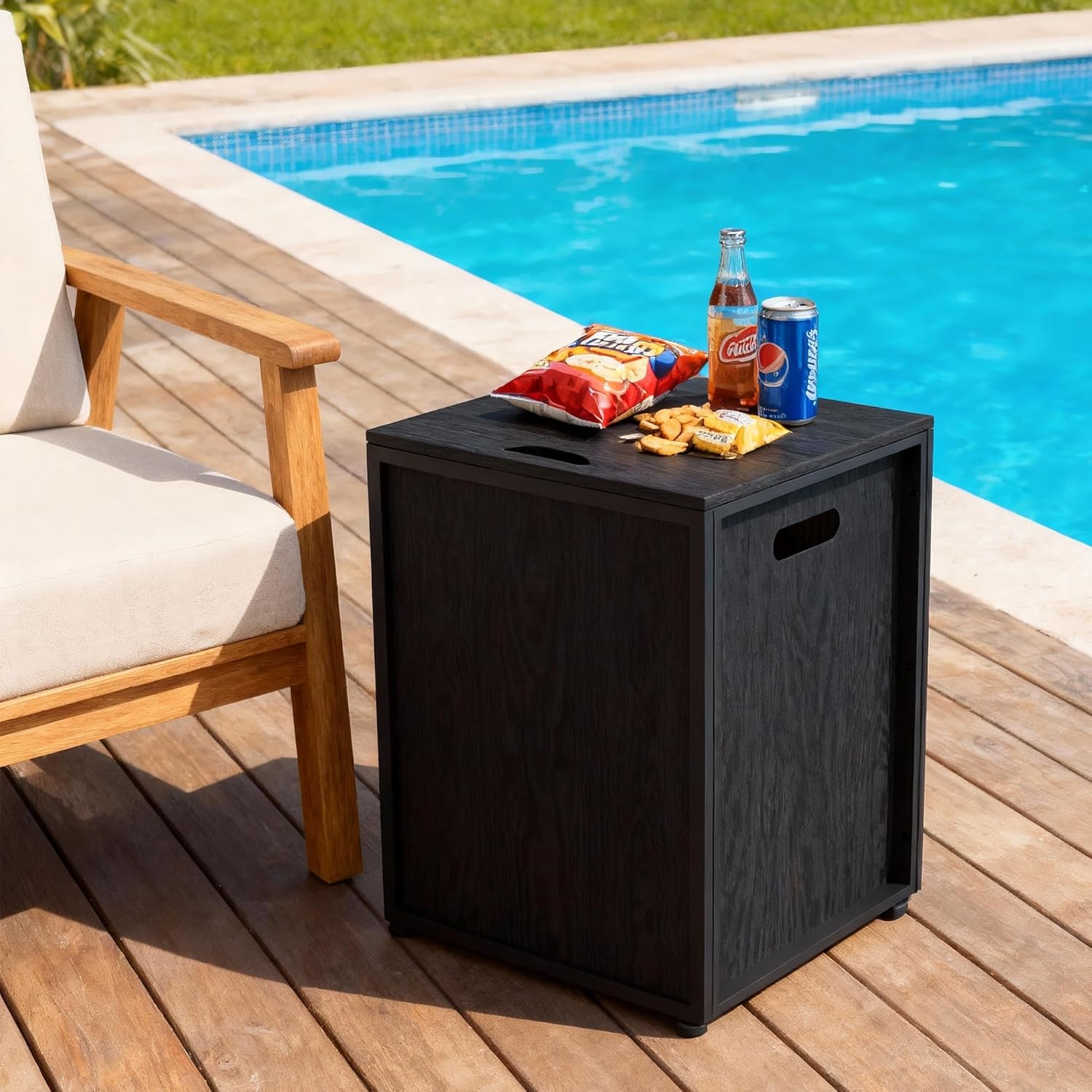 Propane Tank Cover Table 20lb, Propane Tank Storage Box with Portable Handle, Outdoor and Indoor Gas Cover Table for Fire Pit, Rust Prevetion, Waterpoof, Black Oak